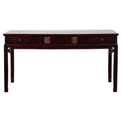 Antique Lacquered Wooden Desk with Four Drawers and Curling Scrolls