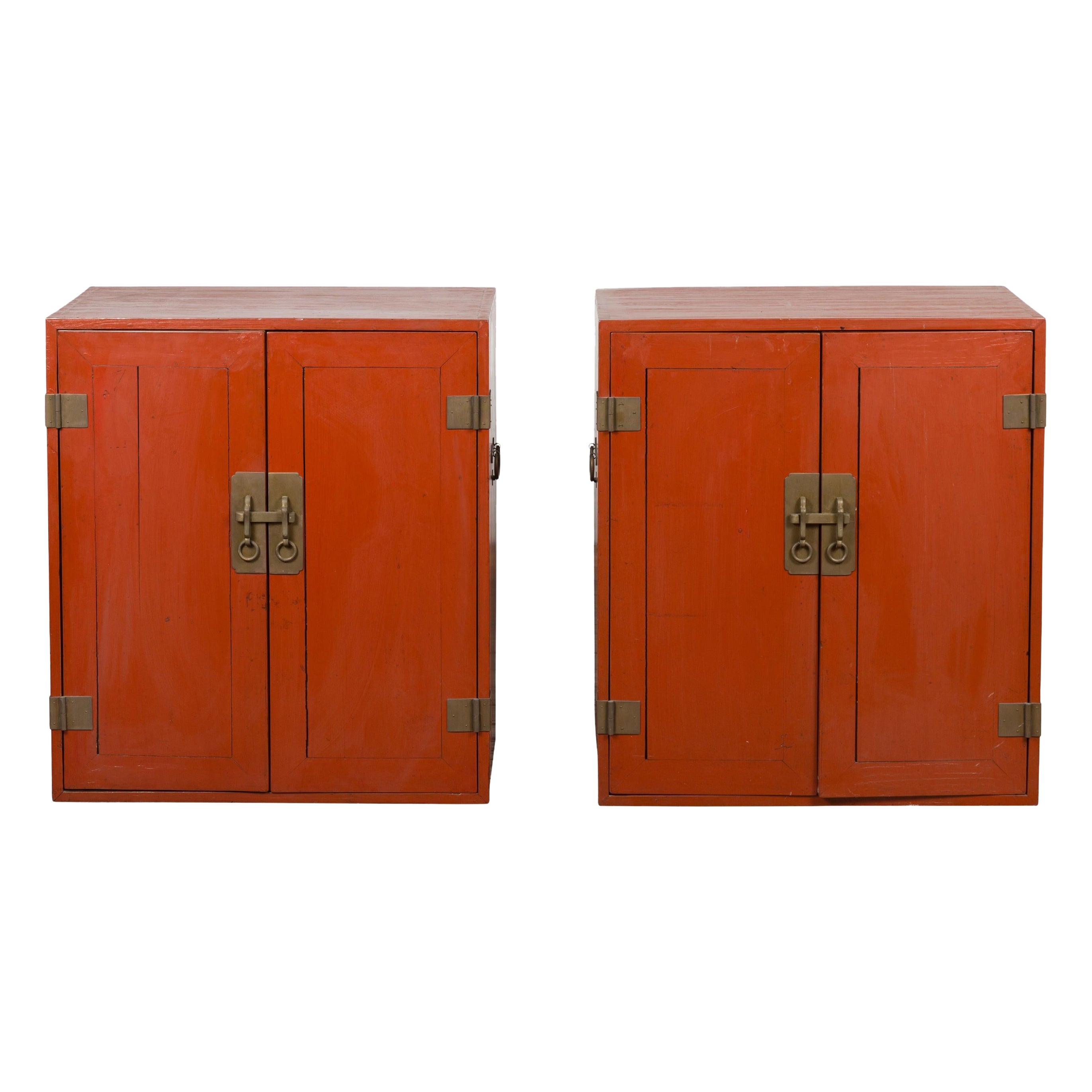 Pair of Vintage Red Lacquer Side Cabinets with Brass Hardware
