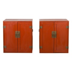 Pair of Vintage Red Lacquer Side Cabinets with Brass Hardware