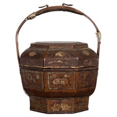 Antique Lacquered Gift Delivering Basket with Hand Painted Floral Décor