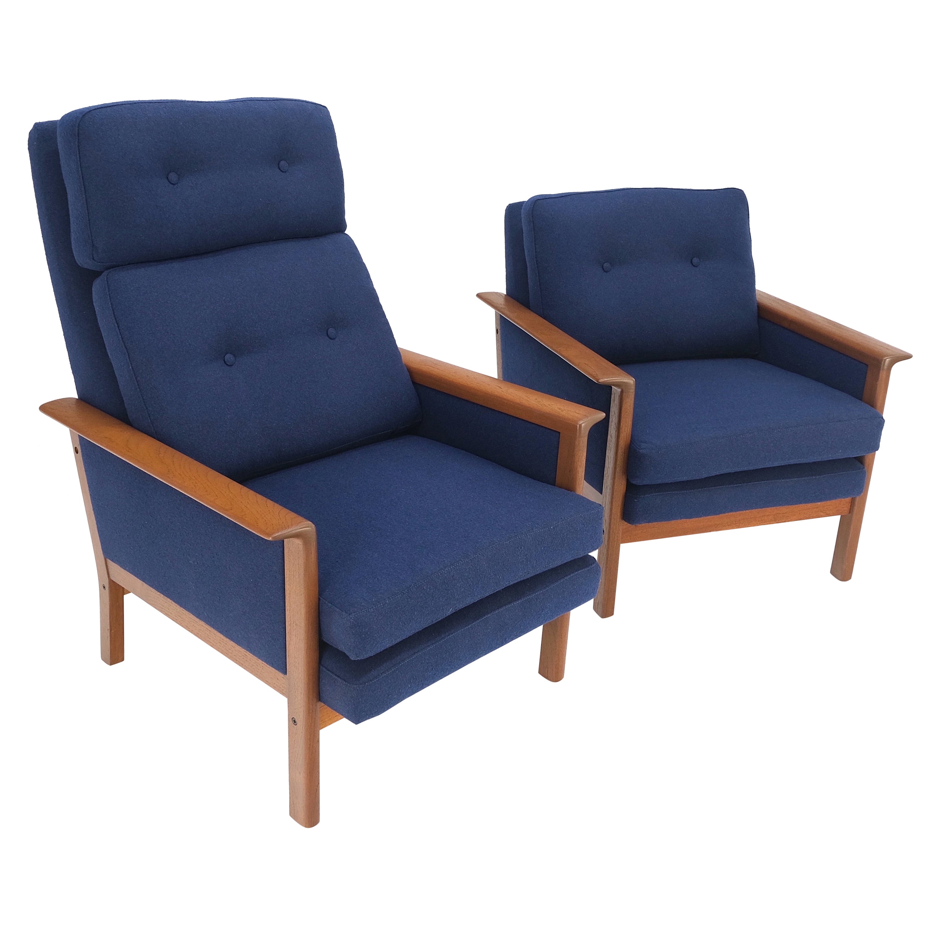 Danish Mid Century Modern Teak Frames New Wool Upholstery Lounge Chairs Refinish en vente