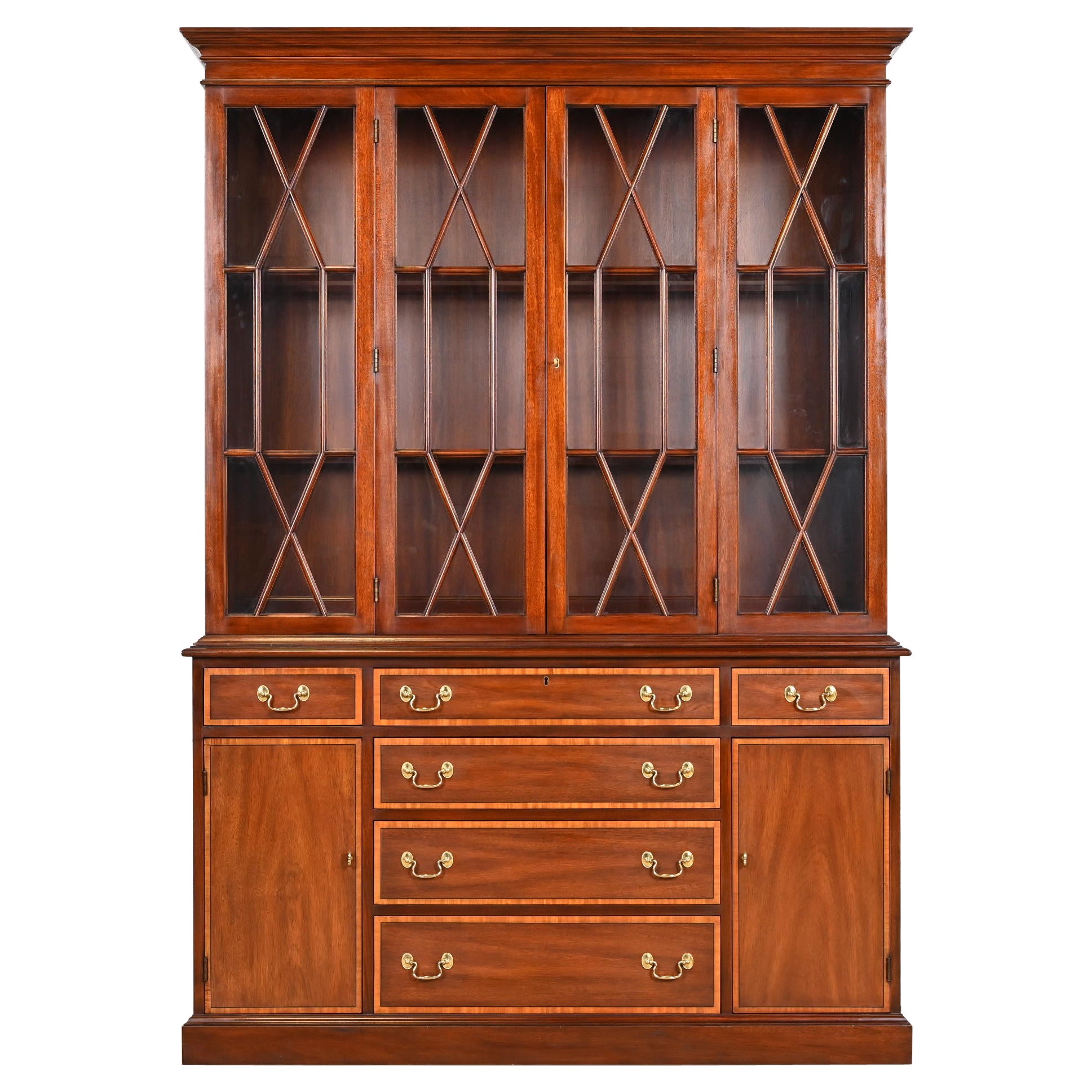 Henkel Harris Georgian Carved Mahogany Lighted Breakfront Bookcase Cabinet For Sale
