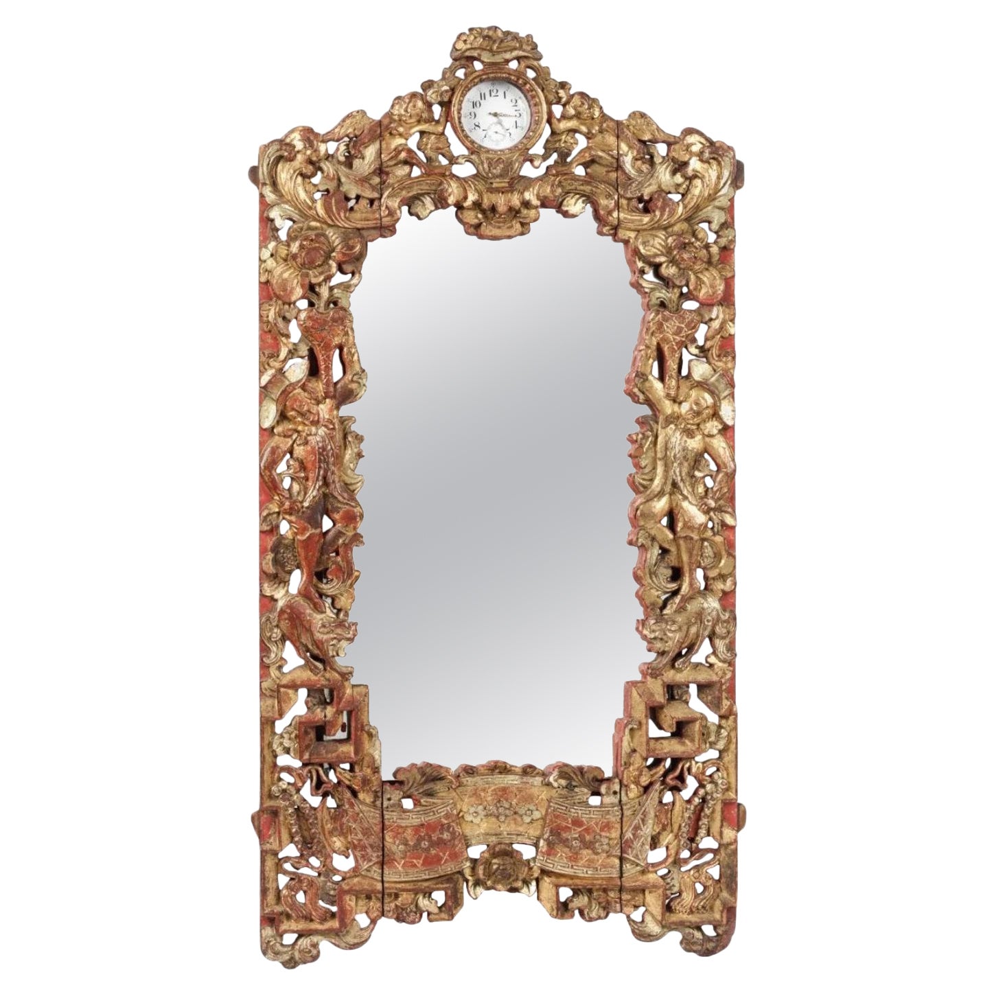 Charming carved gilt-wood Chinese export mirror frame watch-stand with Europeans For Sale
