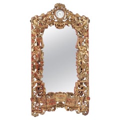 Antique Charming carved gilt-wood Chinese export mirror frame watch-stand with Europeans