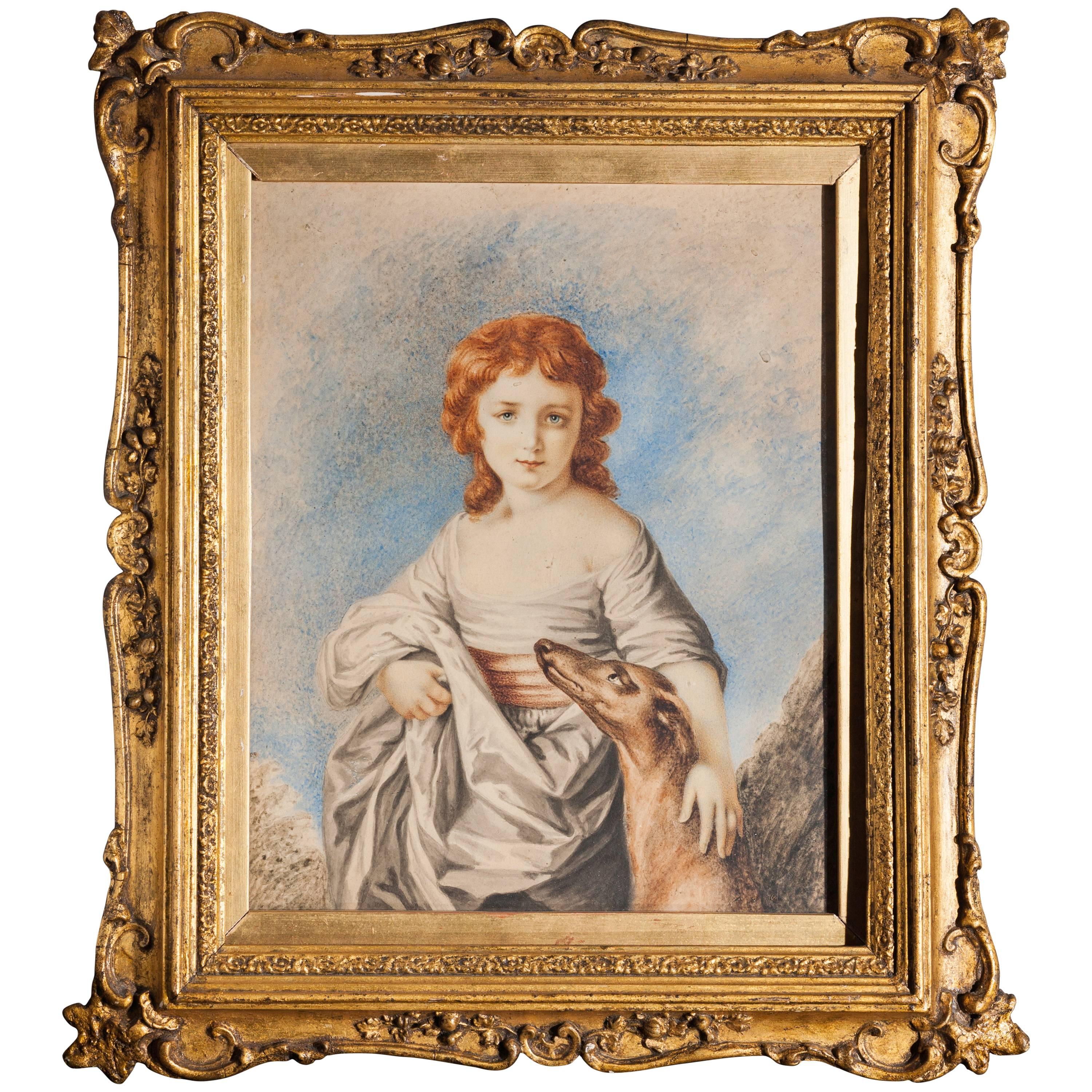 Small Regency Portrait of a Young Girl with Hound For Sale