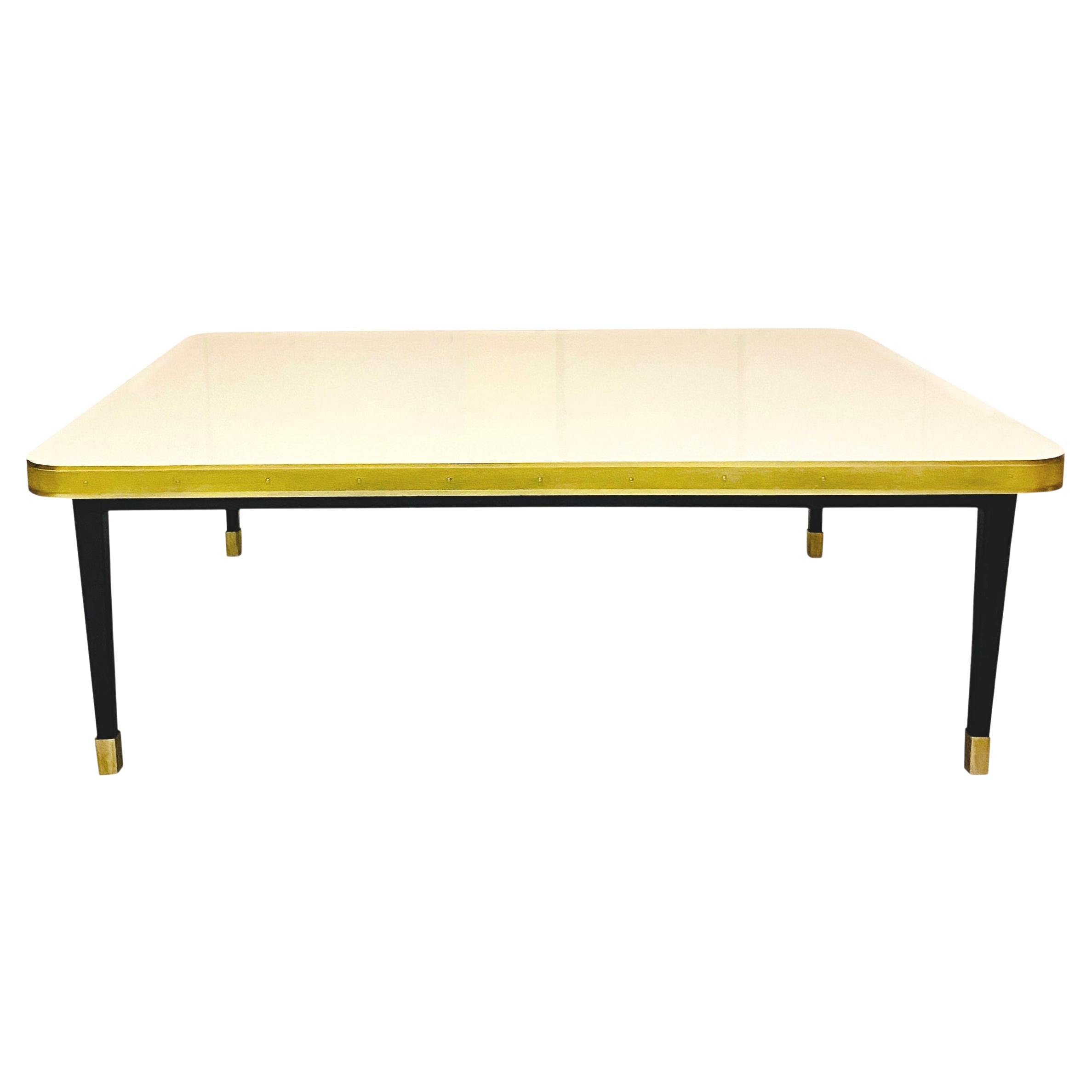 Low Table High Gloss Top, Brass Tape Framed, Black Conical Legs Brass End Large