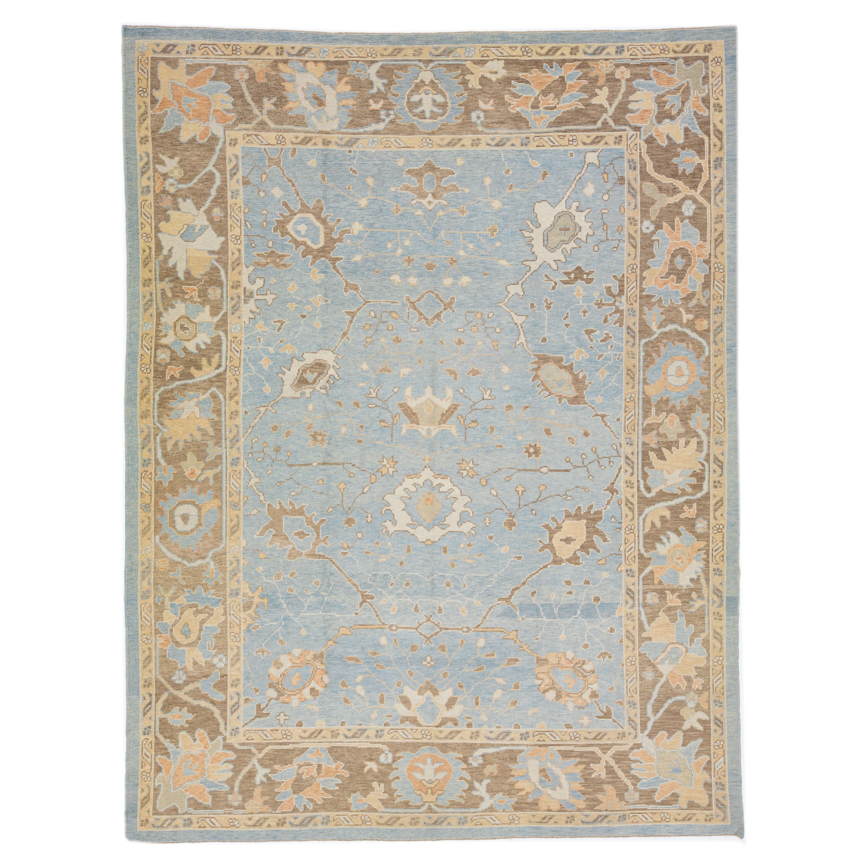 Room Size Blue Modern Turkish Oushak Handmade Wool Rug For Sale