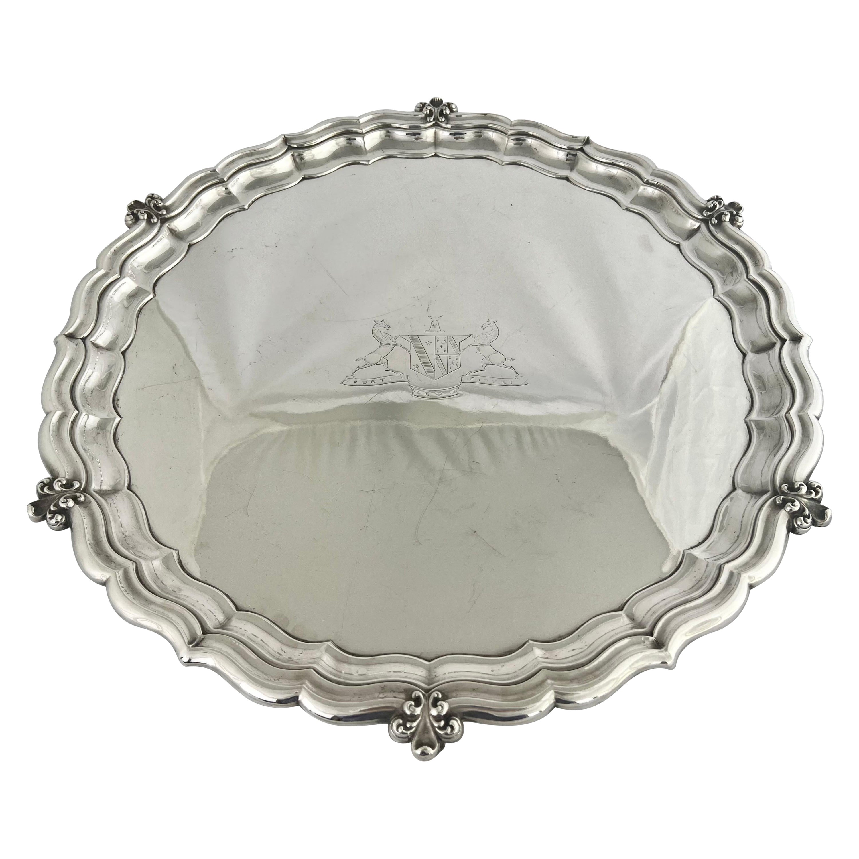 Pour Le Bain-English Silver Footed Tray w/ Etched Shield For Sale