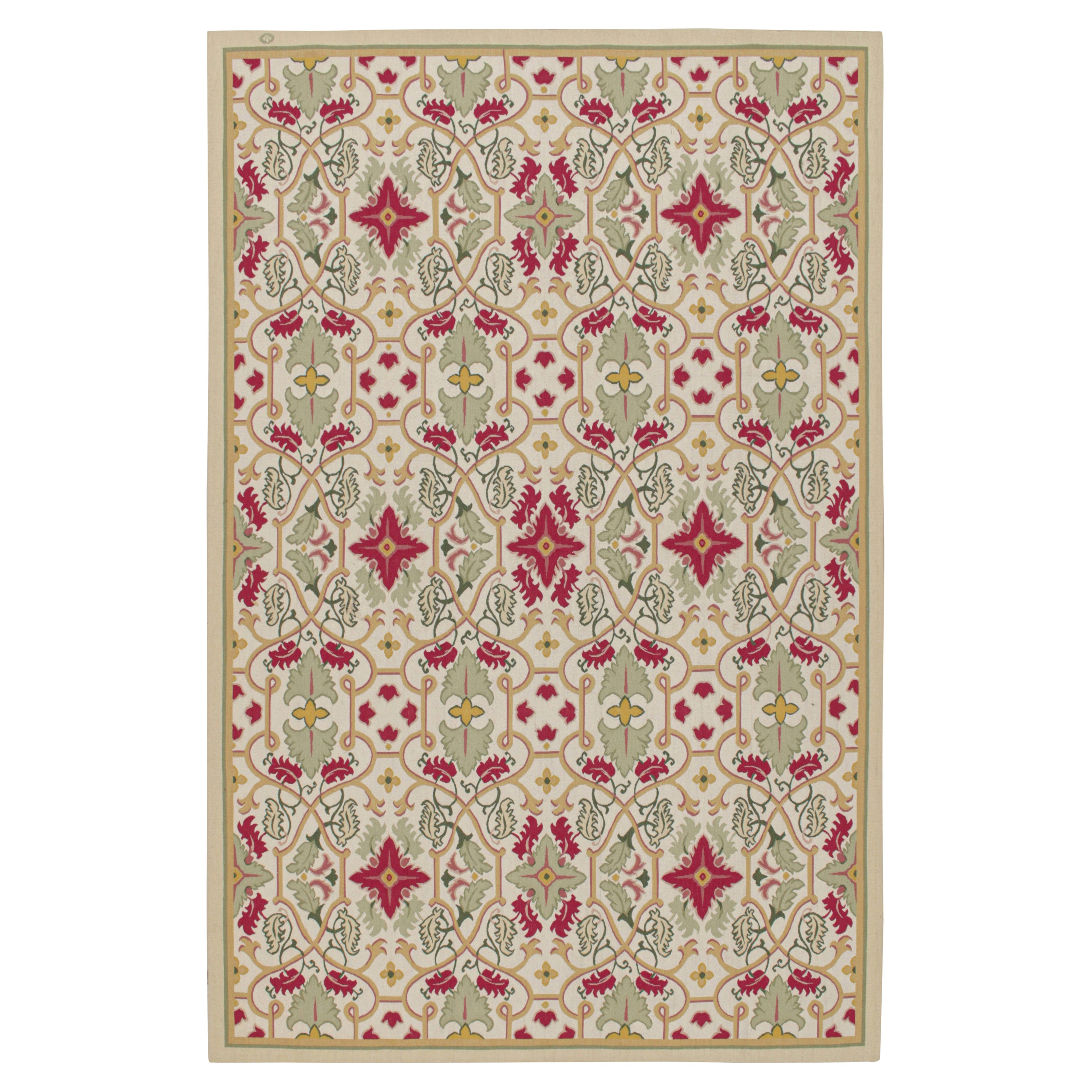 Aubusson Style Flatweave with Green and Red Floral Patterns For Sale