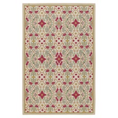Retro Aubusson Style Flatweave with Green and Red Floral Patterns