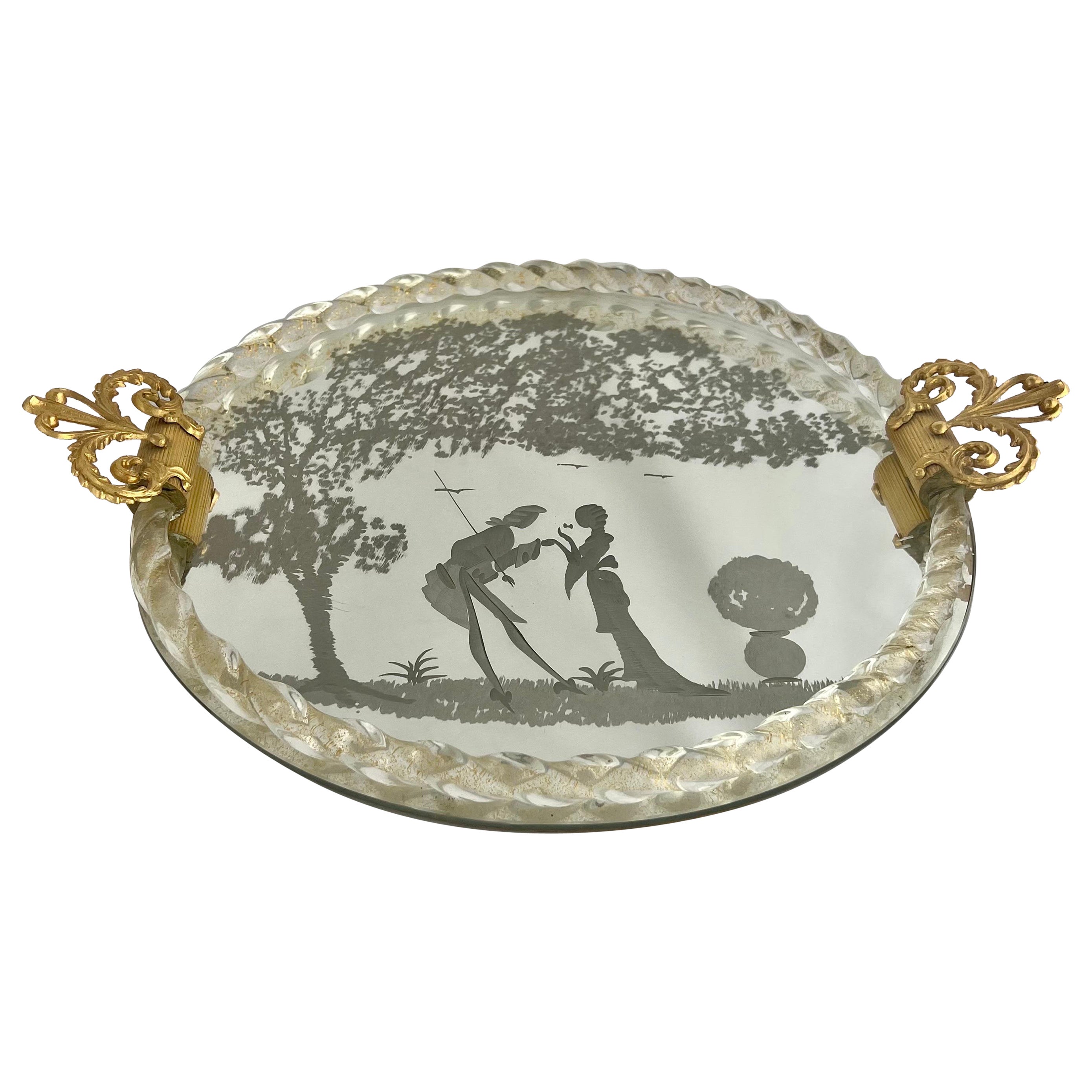 Pour Le Bain-Murano Venetian Etched Mirrored Tray For Sale