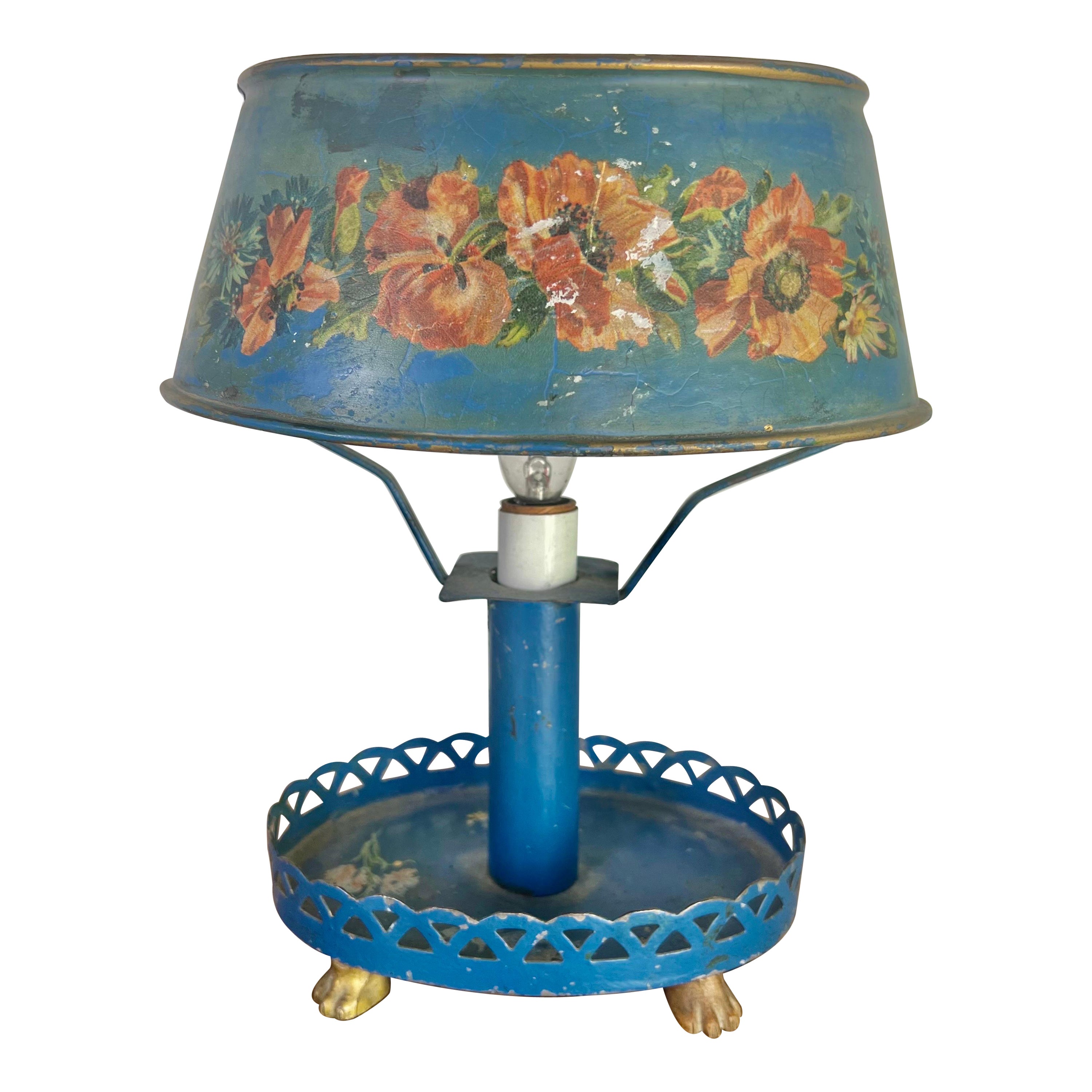 Hand Painted Italian Blue Tole Lamp with Shade For Sale