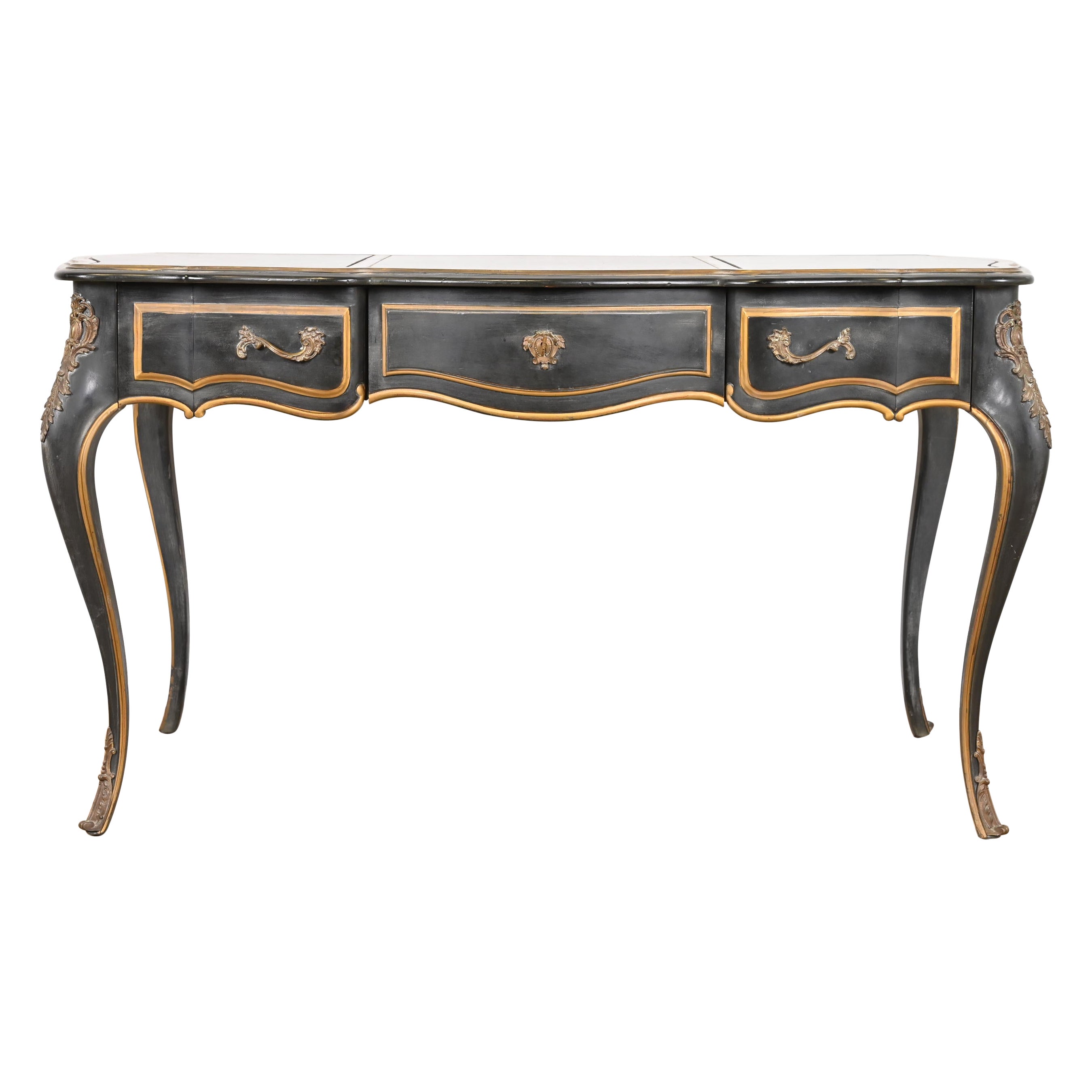 French Louis XV Bureau Plat Desk with Ormolu and Faux Marble Top by Drexel