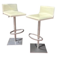 Pair of Postmodern Brushed Steel & Leather Adjustable Bar Stools by Frag, Italy