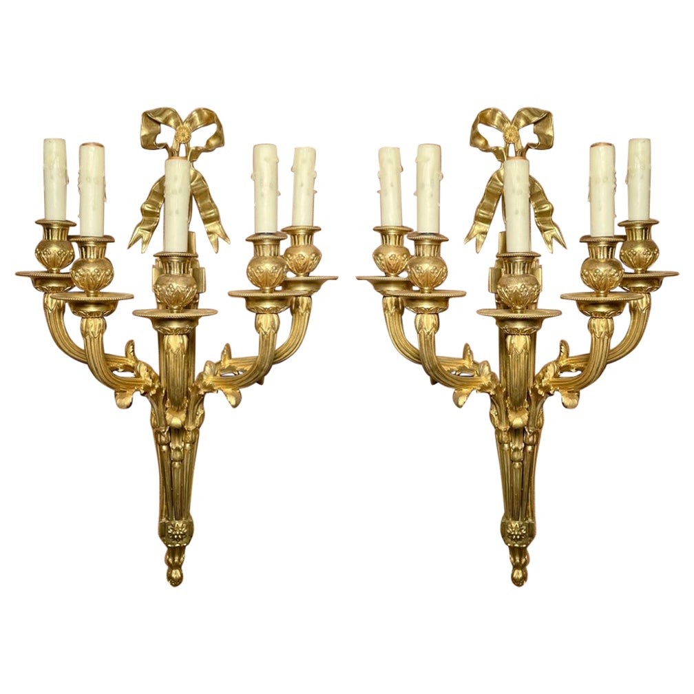 Pair Antique French 19th Century Bronze D'ore 5-Light Sconces, circa 1875-1885