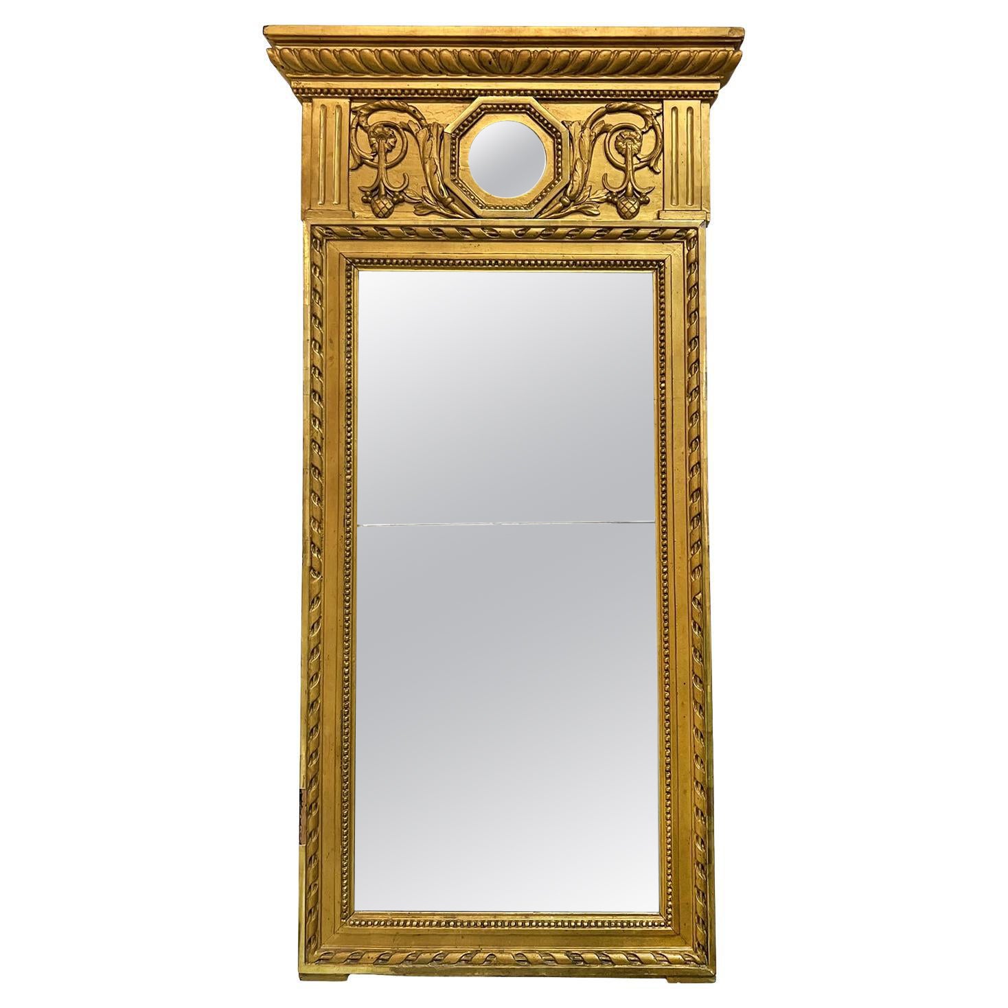 19th Century Gold Swedish Gustavian Antique Gilded Pinewood Wall Glass Mirror For Sale