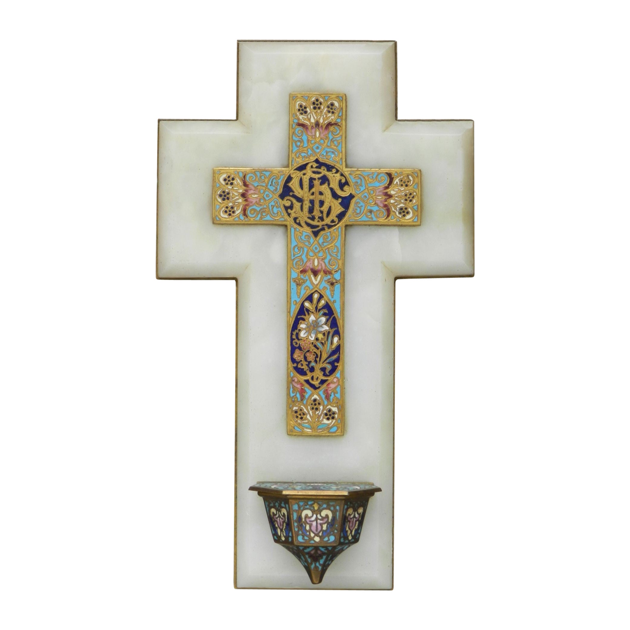 Crucifix Cross Cloisonné Art Deco Enamel Mounted Holy Water French, circa 1920 For Sale