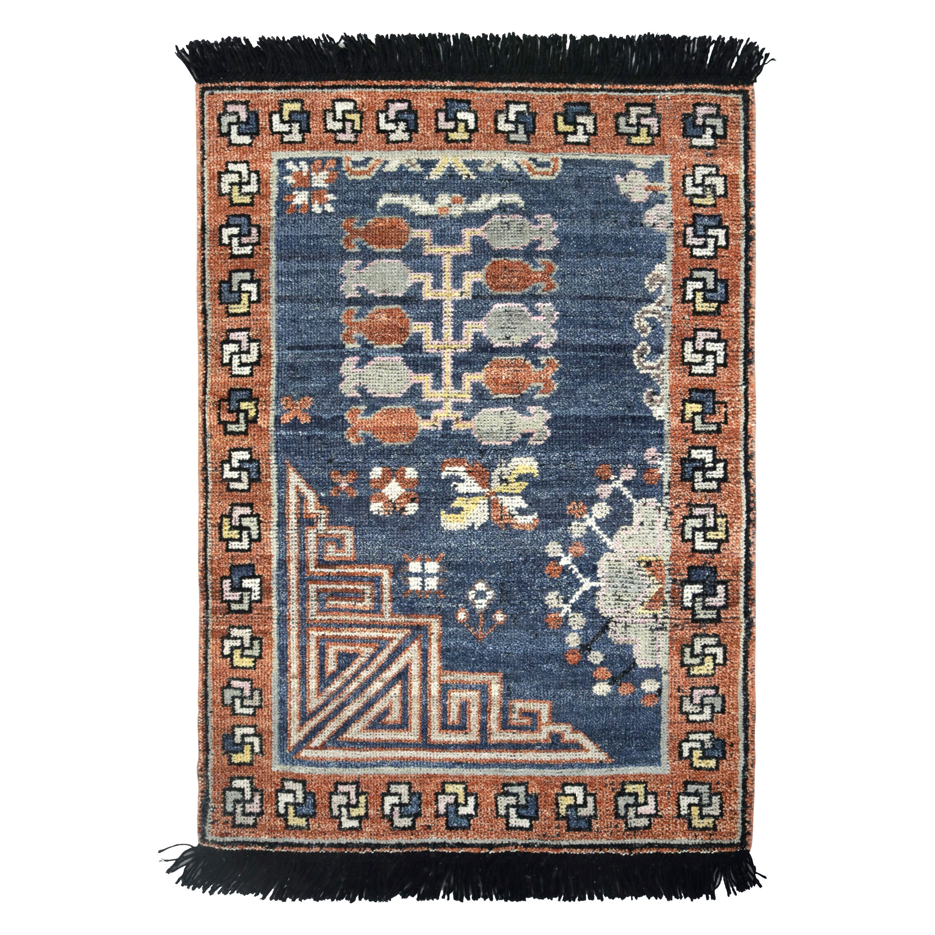 Rug & Kilim’s Khotan inspired rug in Brown & Blue Geometric Patterns For Sale