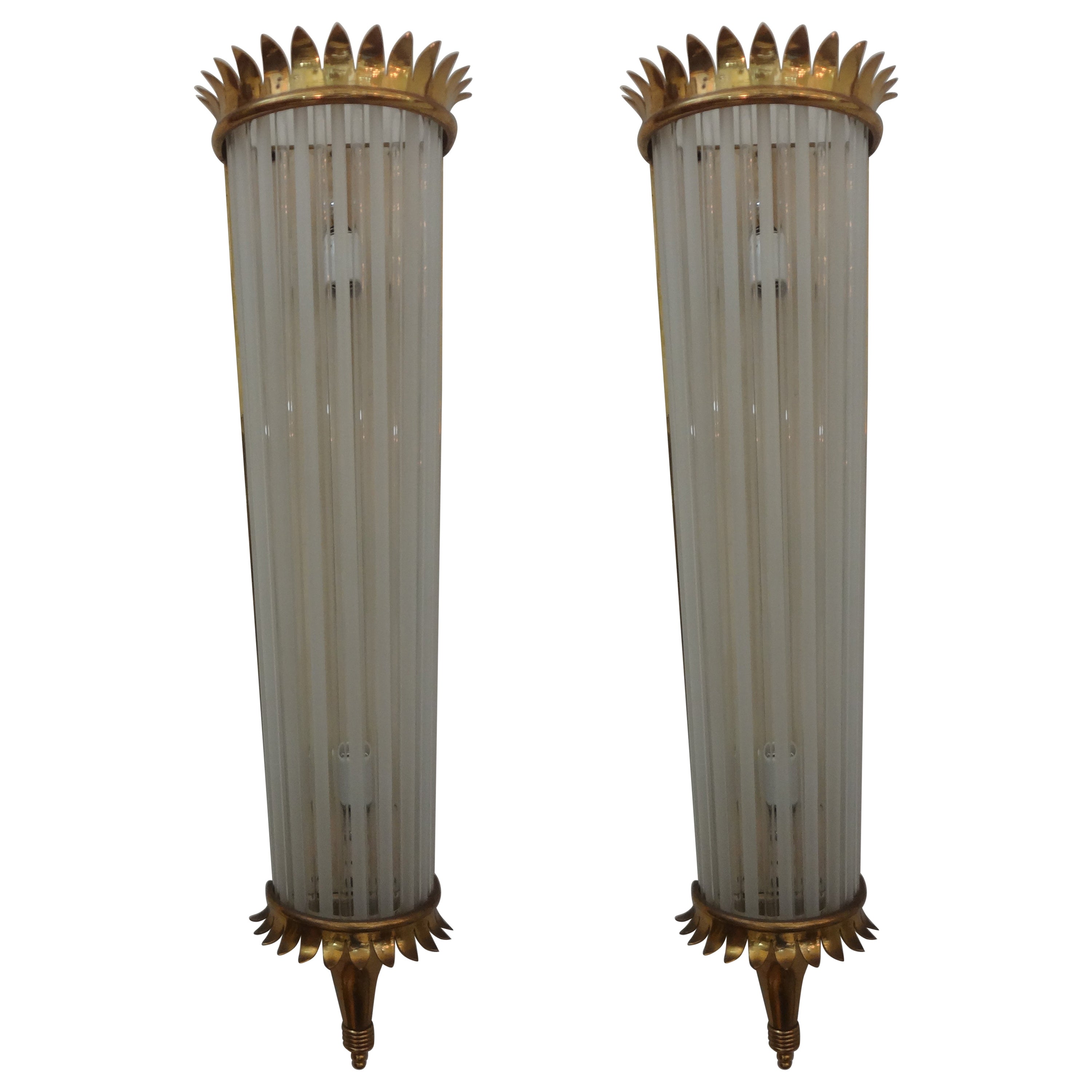 Outstanding Large Pair of French Art Deco Brass and Glass Sconces