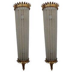 Used Outstanding Large Pair of French Art Deco Brass and Glass Sconces