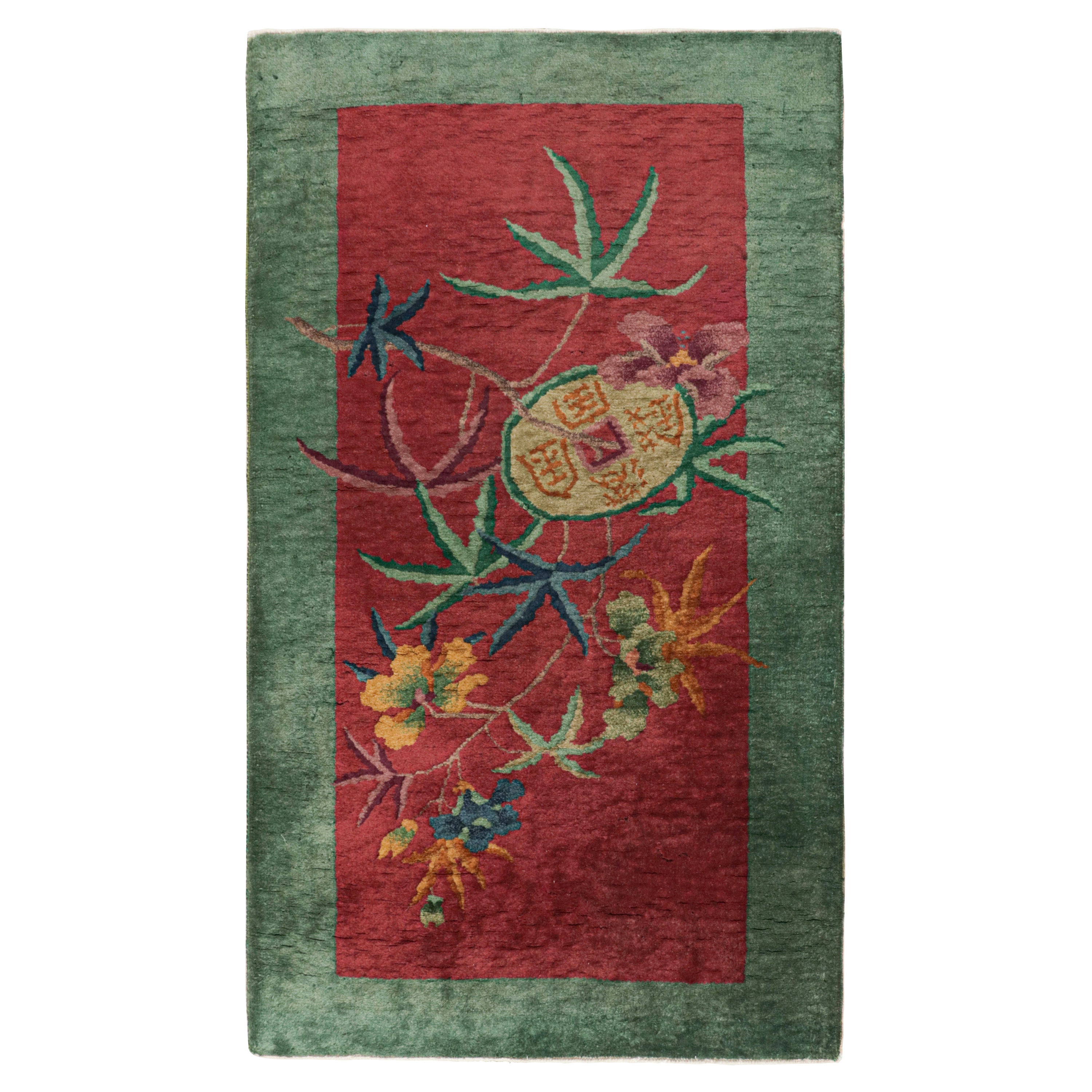 Antique Chinese Art Deco Rug in Red & Green with Floral Pattern For Sale
