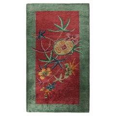 Antique Chinese Art Deco Rug in Red & Green with Floral Pattern