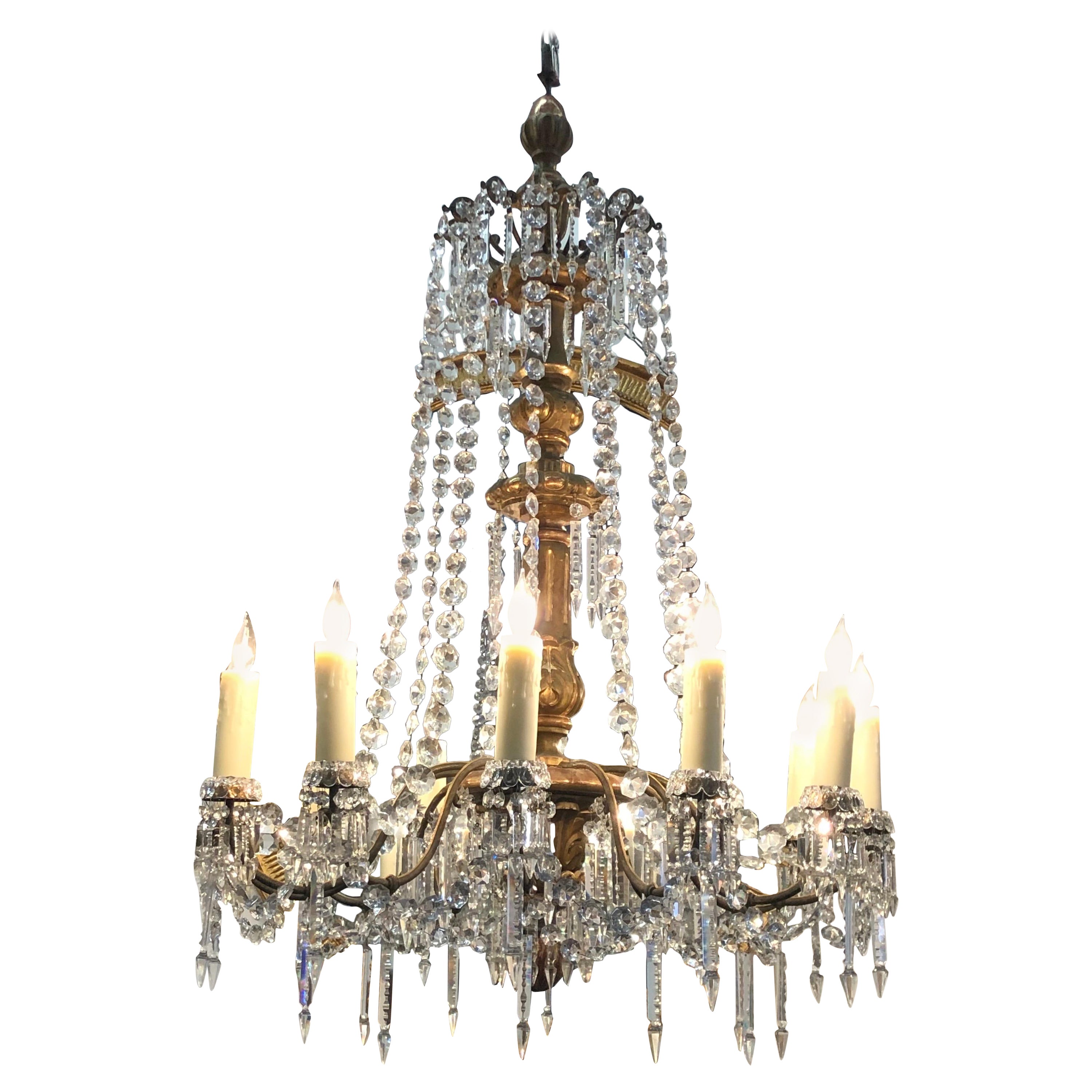 18th C. Italian Giltwood, Bronzed Lacquer & Crystal Louis XVI Period Chandelier