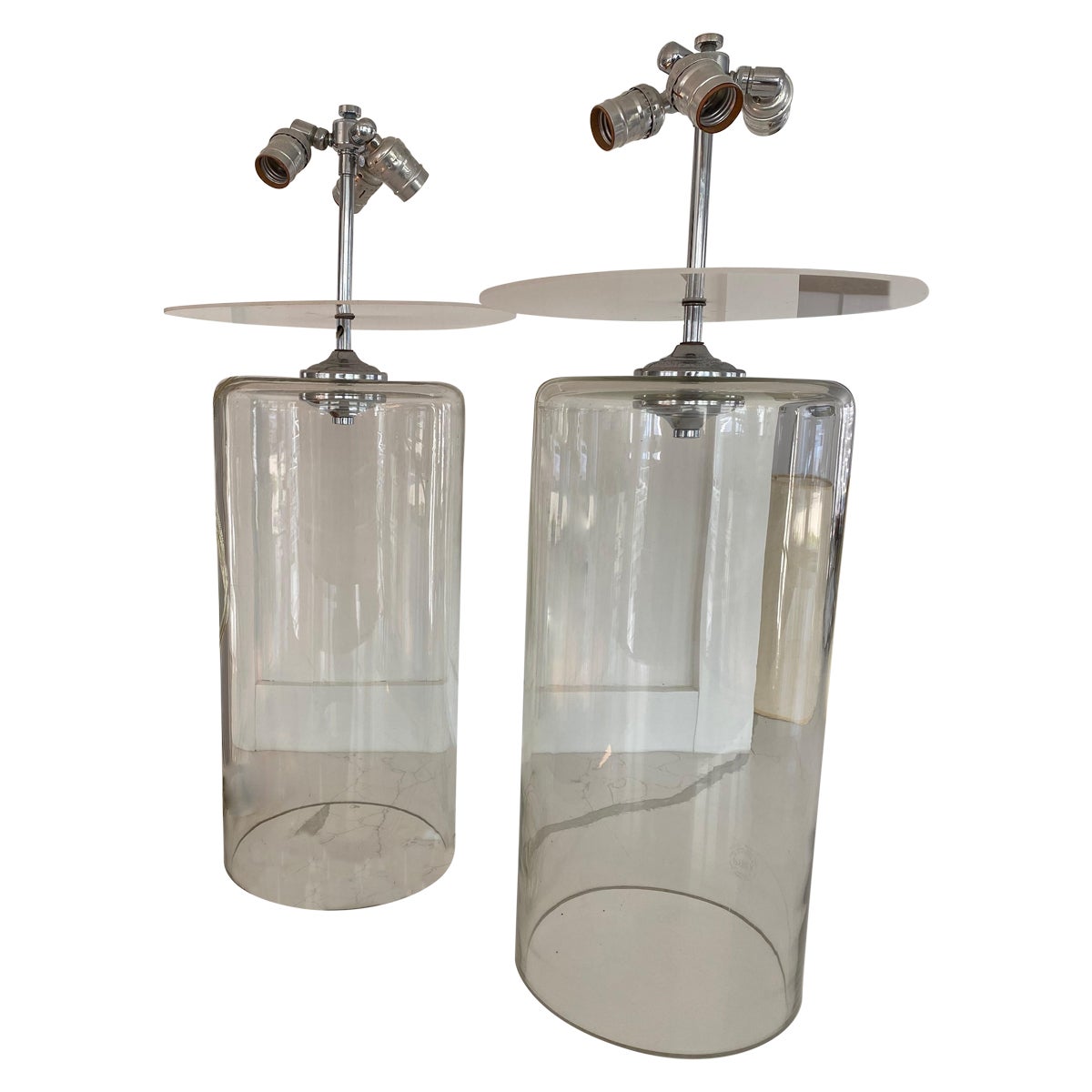 Pair of Cylindrical Pyrex Lamps Designed by John Saladino Clear Industrial Glass For Sale