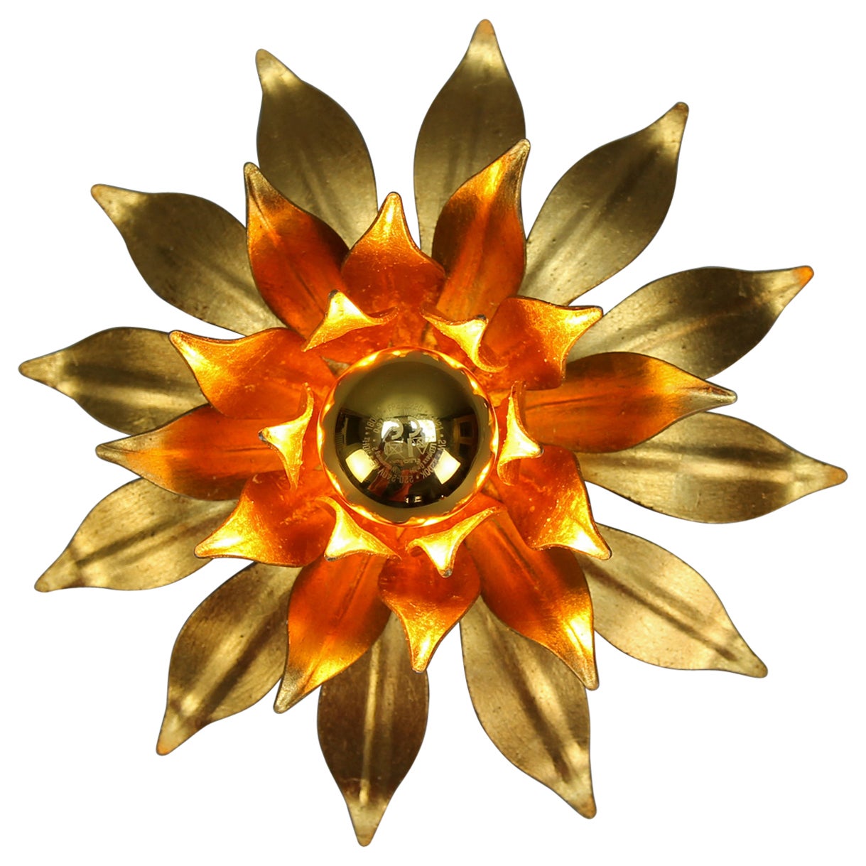 Hollywood Regency Style Gilt Metal Flower Shaped Flush Mount or Wall Light For Sale