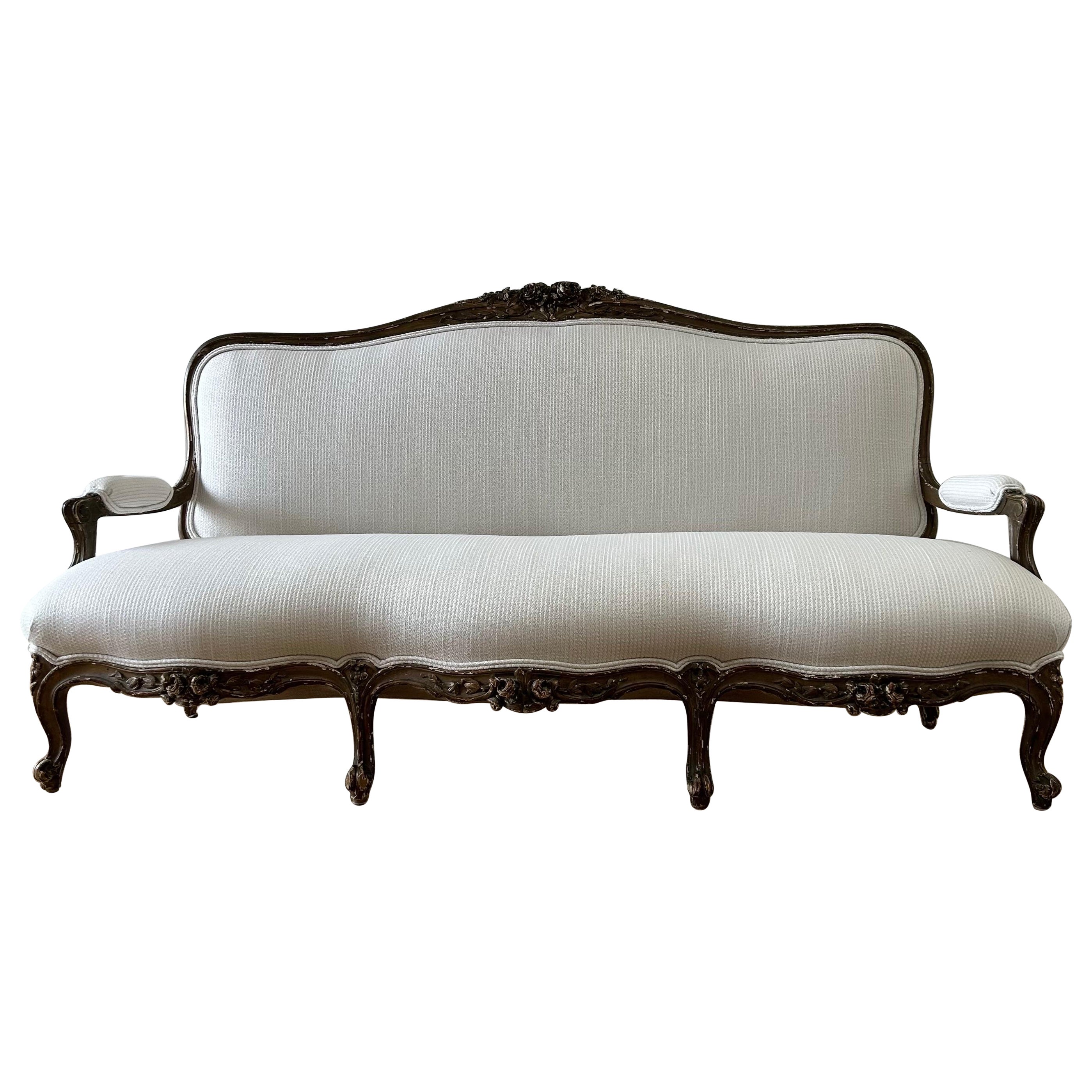 Antique French Gilt Wood Settee Upholstered in Antique White Wool and Cashmere For Sale