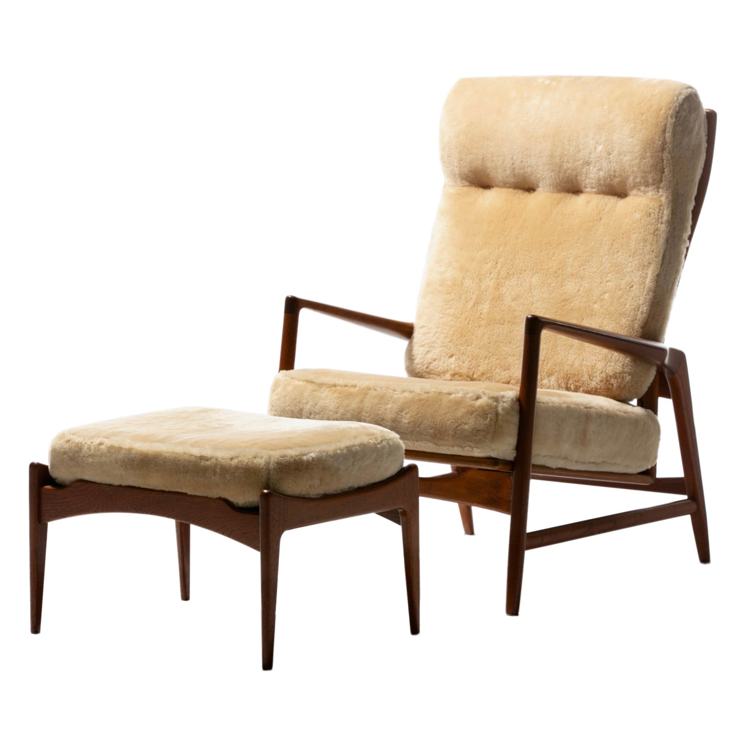 Ib Kofod-Larsen Palomino Sheepskin & Walnut Reclining Lounge Chair & Ottoman