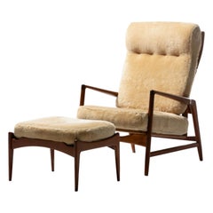 Ib Kofod-Larsen Palomino Sheepskin & Walnut Reclining Lounge Chair & Ottoman 