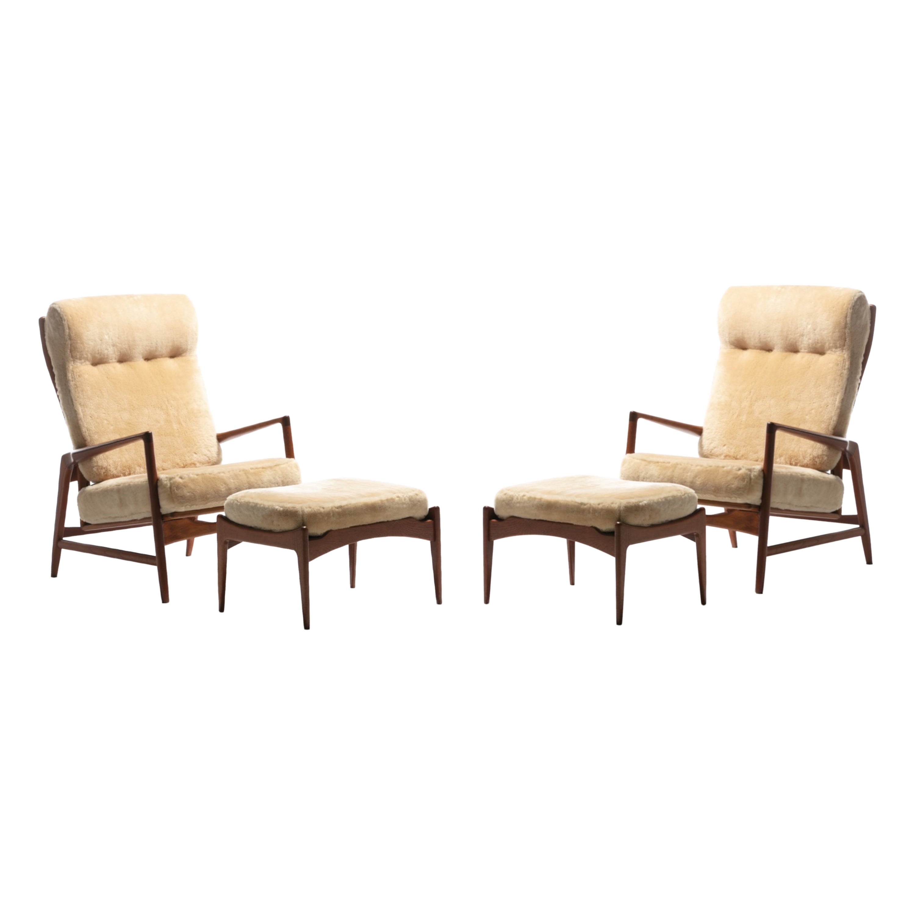Pair of Ib Kofod-Larsen Sheepskin & Walnut Reclining Lounge Chairs & Ottomans