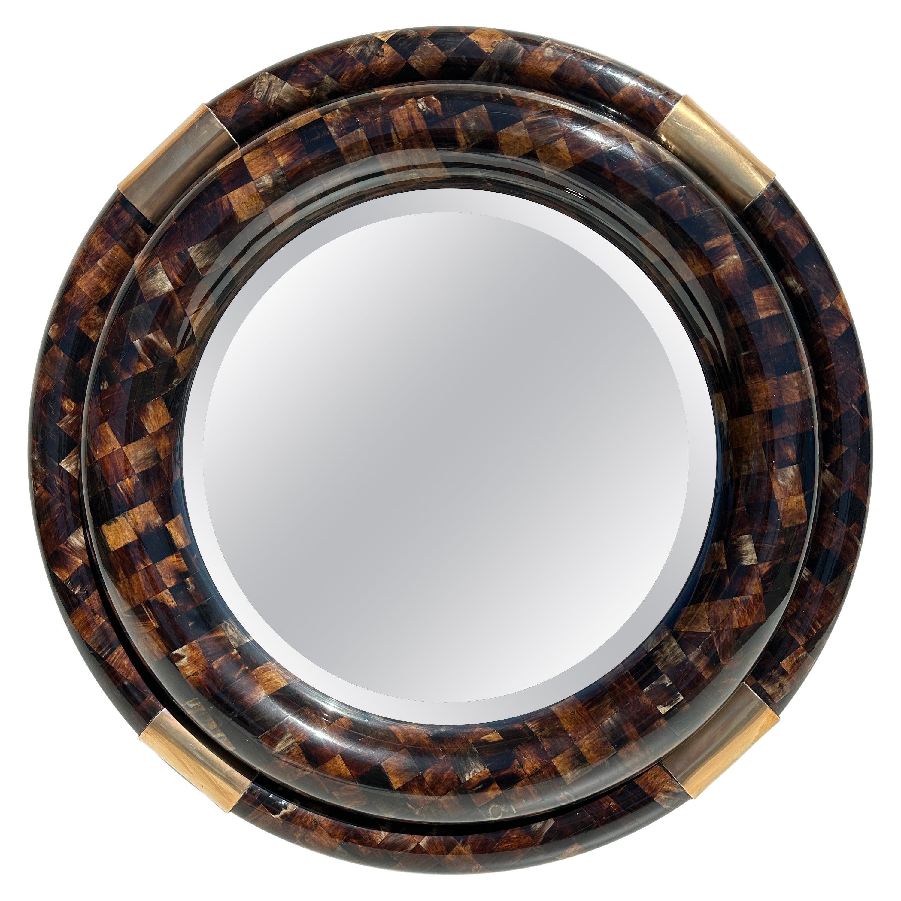 Tessellated Horn Round Bullnose Mirror For Sale