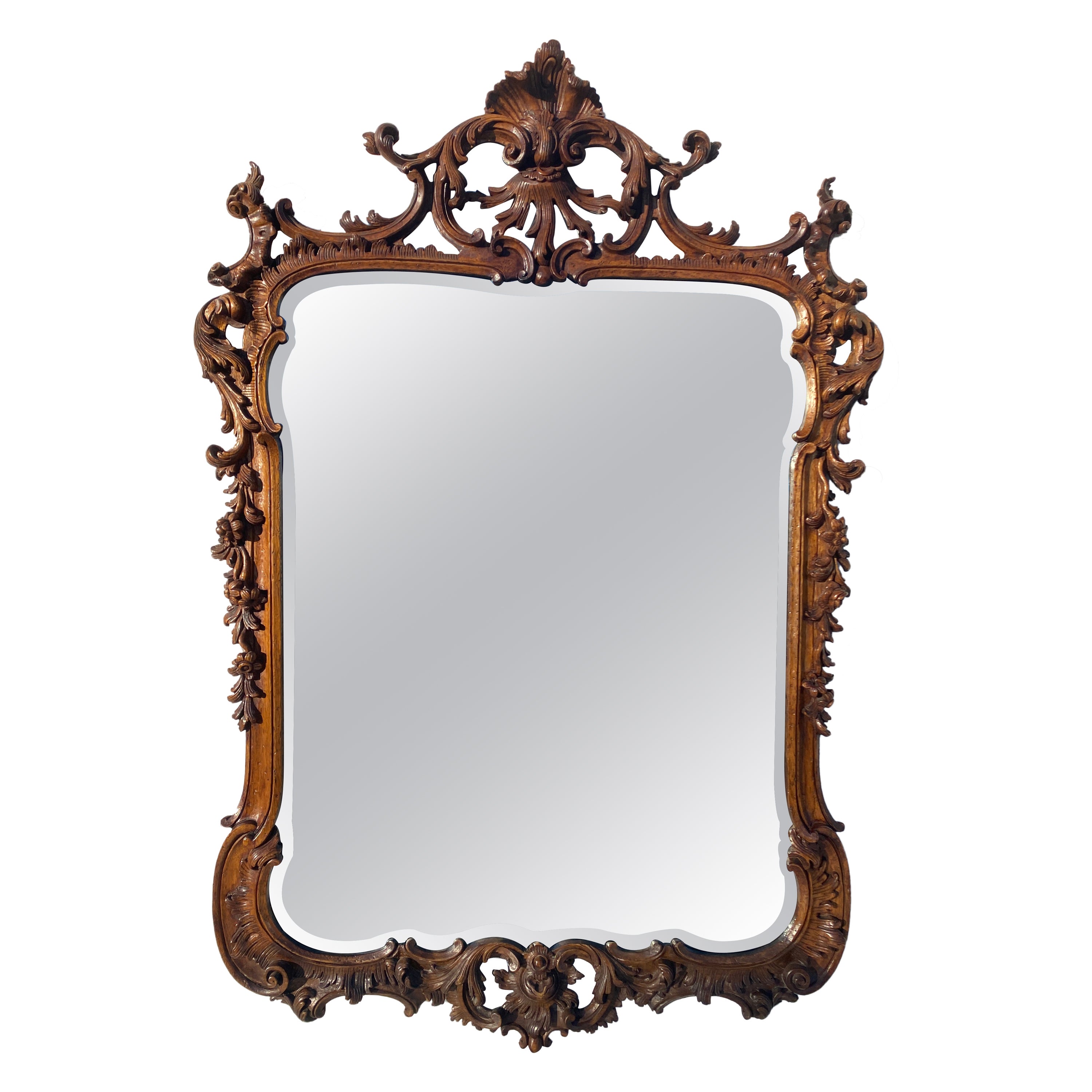 Rococo Style Hand Carved Walnut Mirror For Sale
