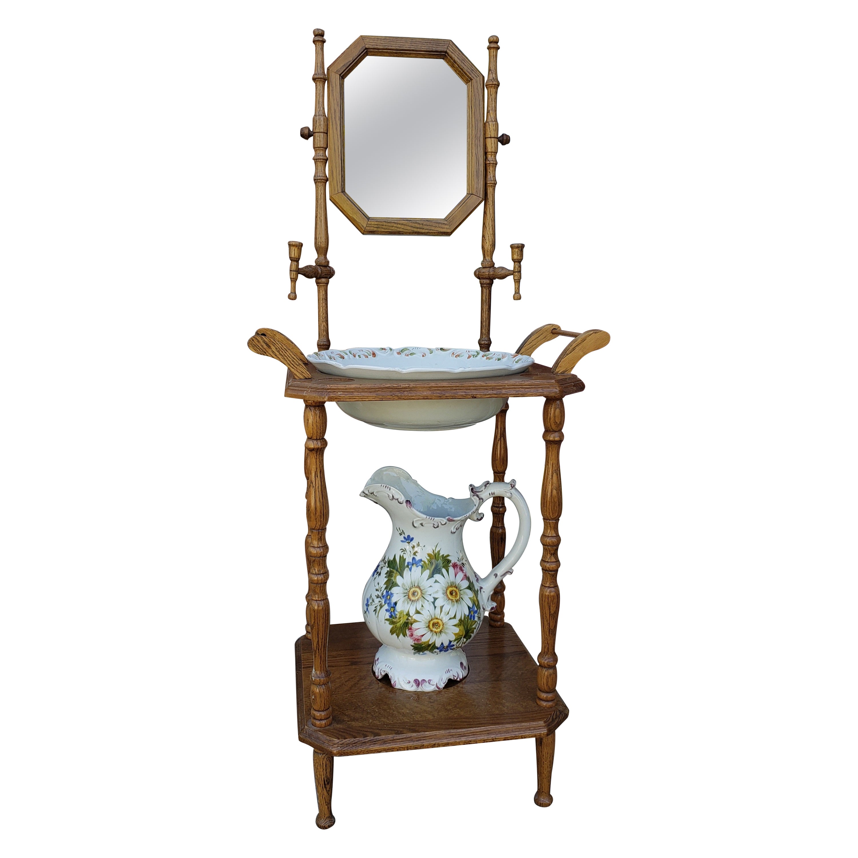 English Victorian Style Mirrored Washstand with Decorated Basin and Pitcher For Sale