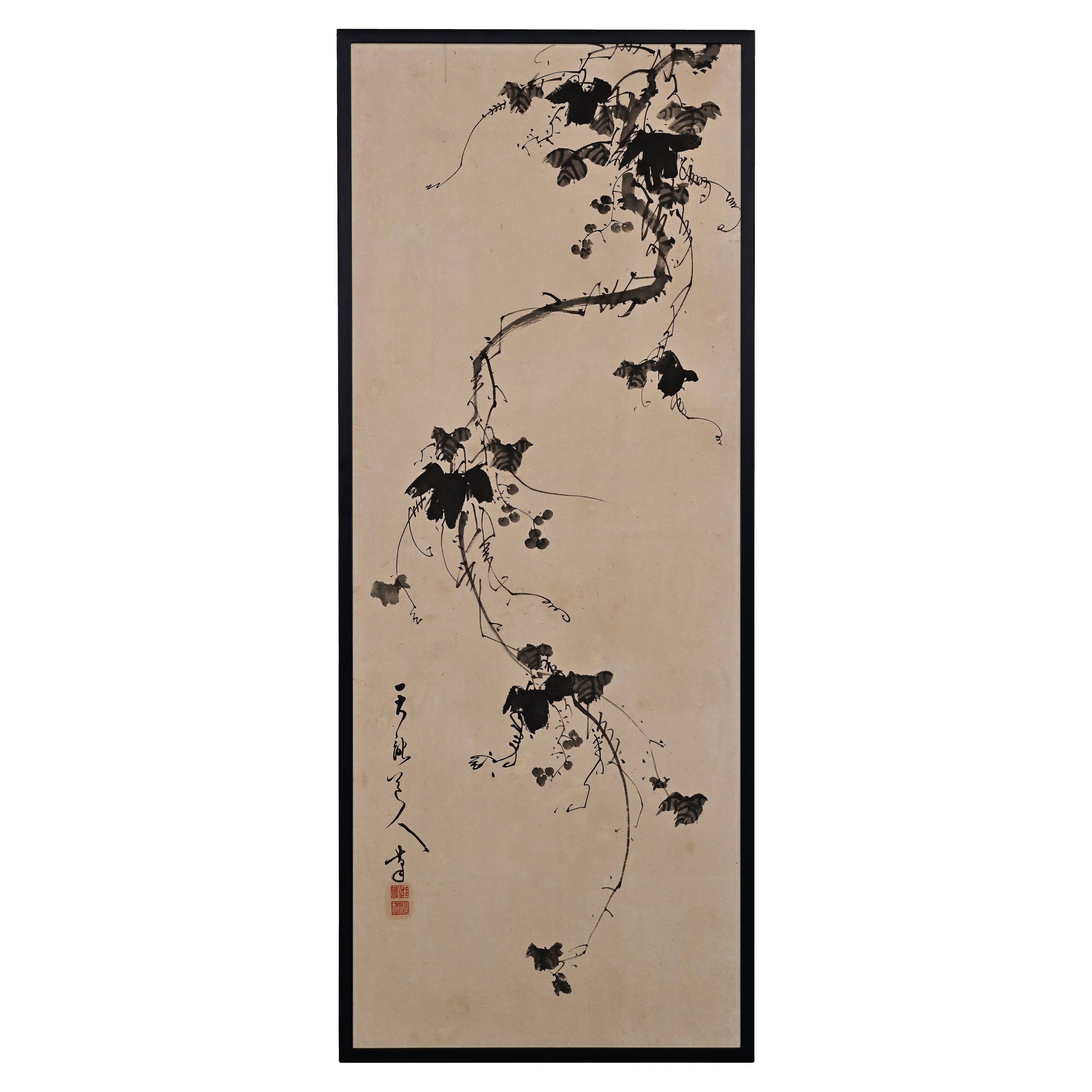Late 18th Century Japanese Framed Painting. Ink Grapevine by Tenryu Dojin