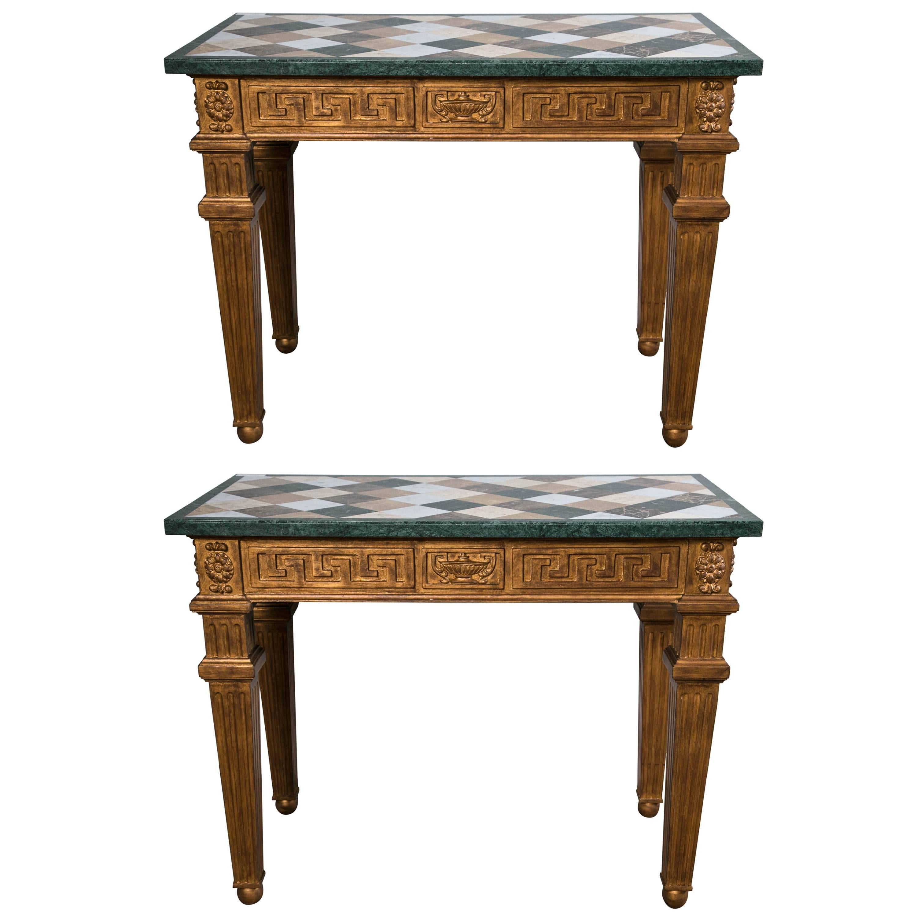 Pair of Neoclassical Style Marble-Top Greek Key Design Console Tables