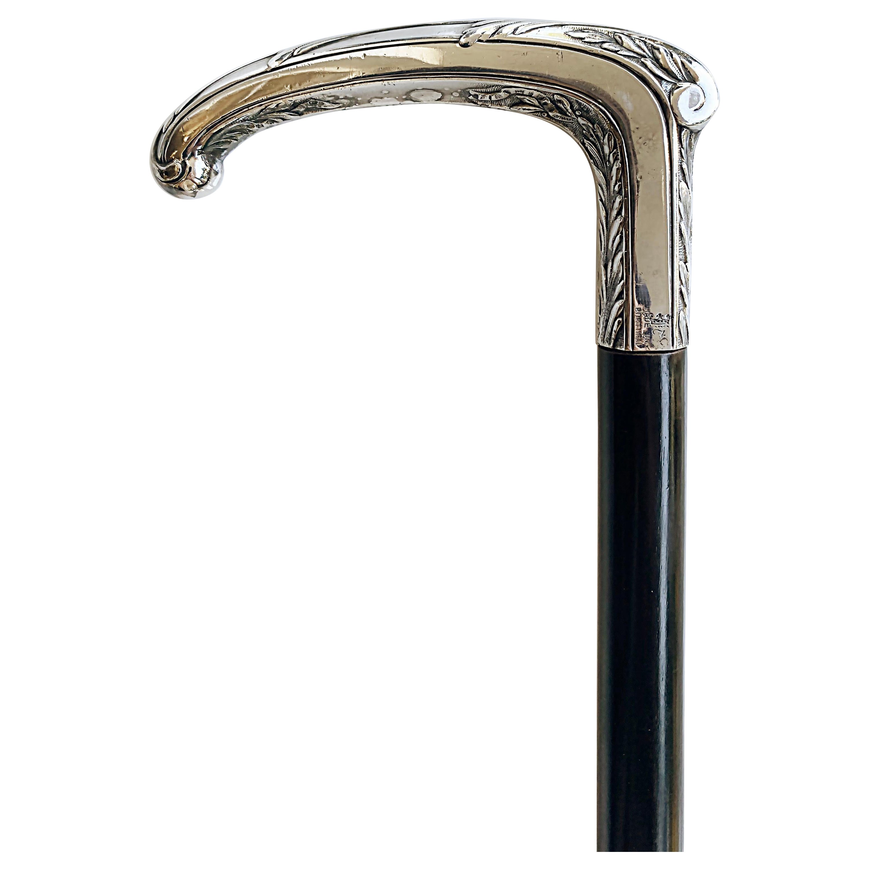20th Century Silver Handle Walking Cane Made in Portugal with Hallmarks