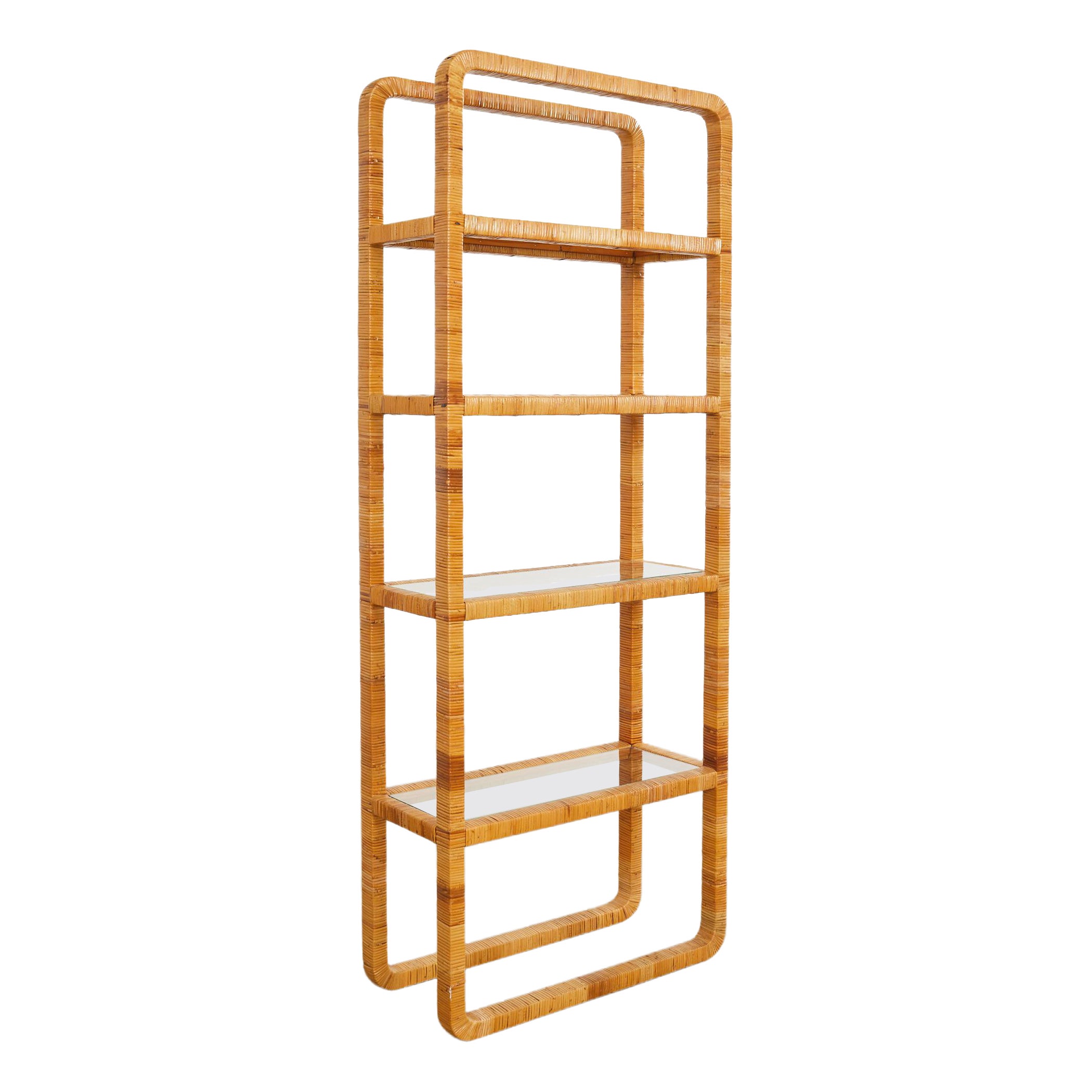 Midcentury Modern Rattan Wrapped Four Shelf Etagere Bookcase For Sale