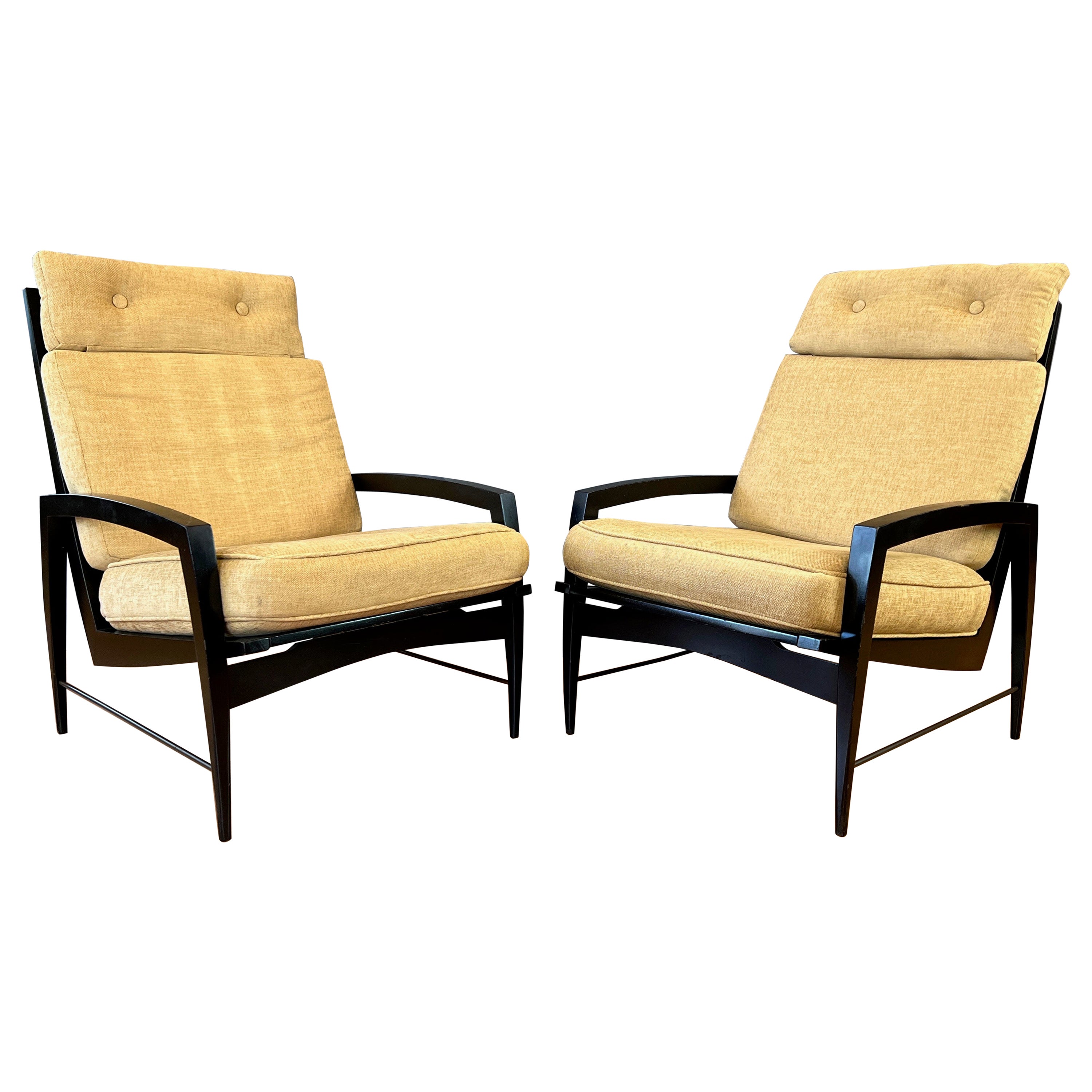Pair of Dan Johnson for Selig Black Lacquered High-Back Lounge Chairs, 1950s