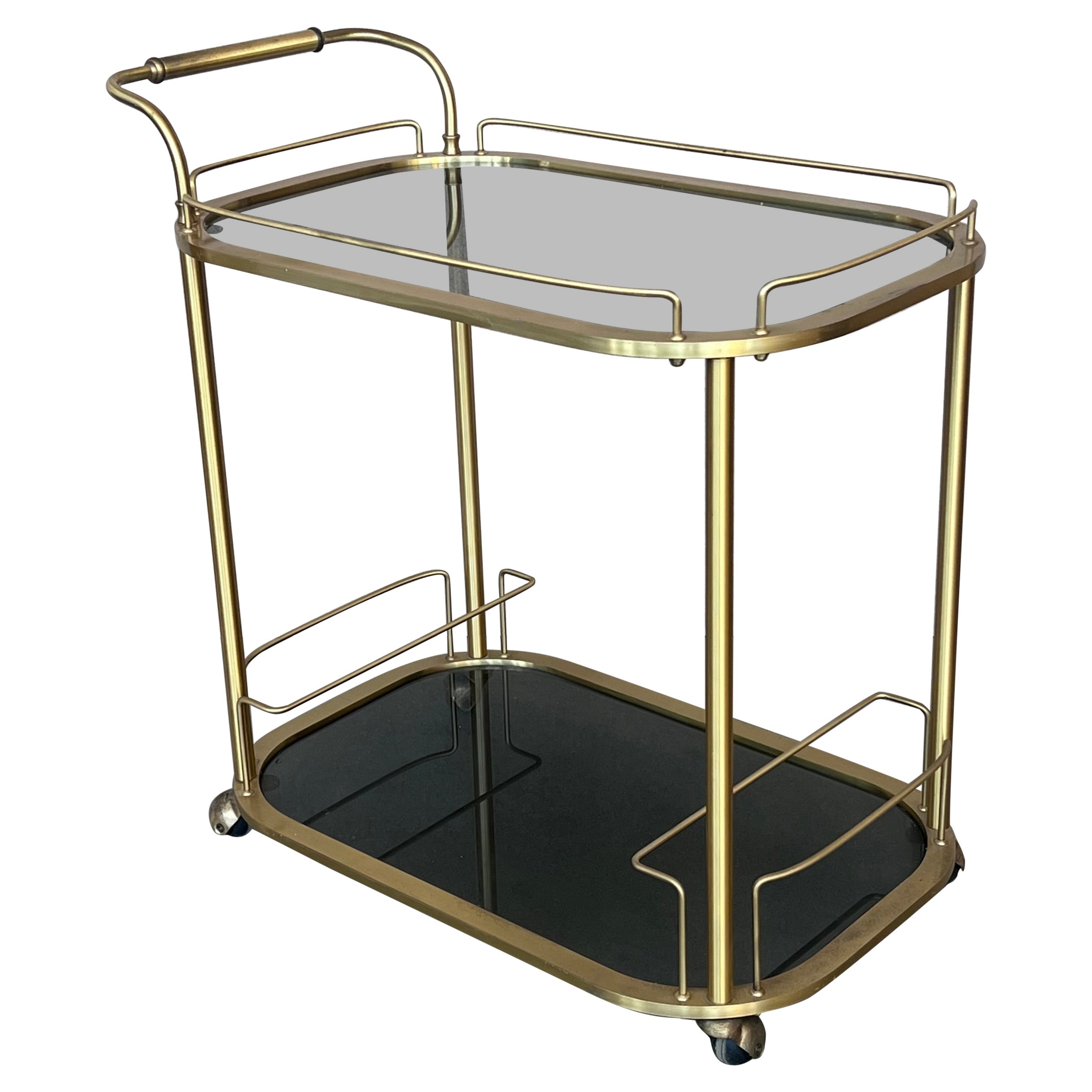 Art Deco Brass Dry Bar Cart with Smoked Two Tier Glass For Sale