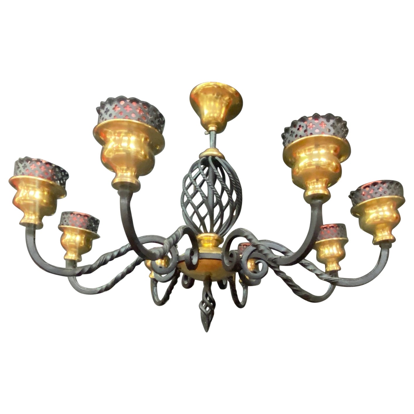2 Chandelier in Lacquered Metal and Brass, circa 1950 For Sale