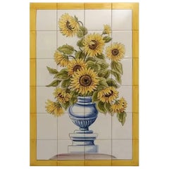 Sunflower Vase Tile Mural in Pure Clay and Fine Ceramic, Portuguese Tiles 