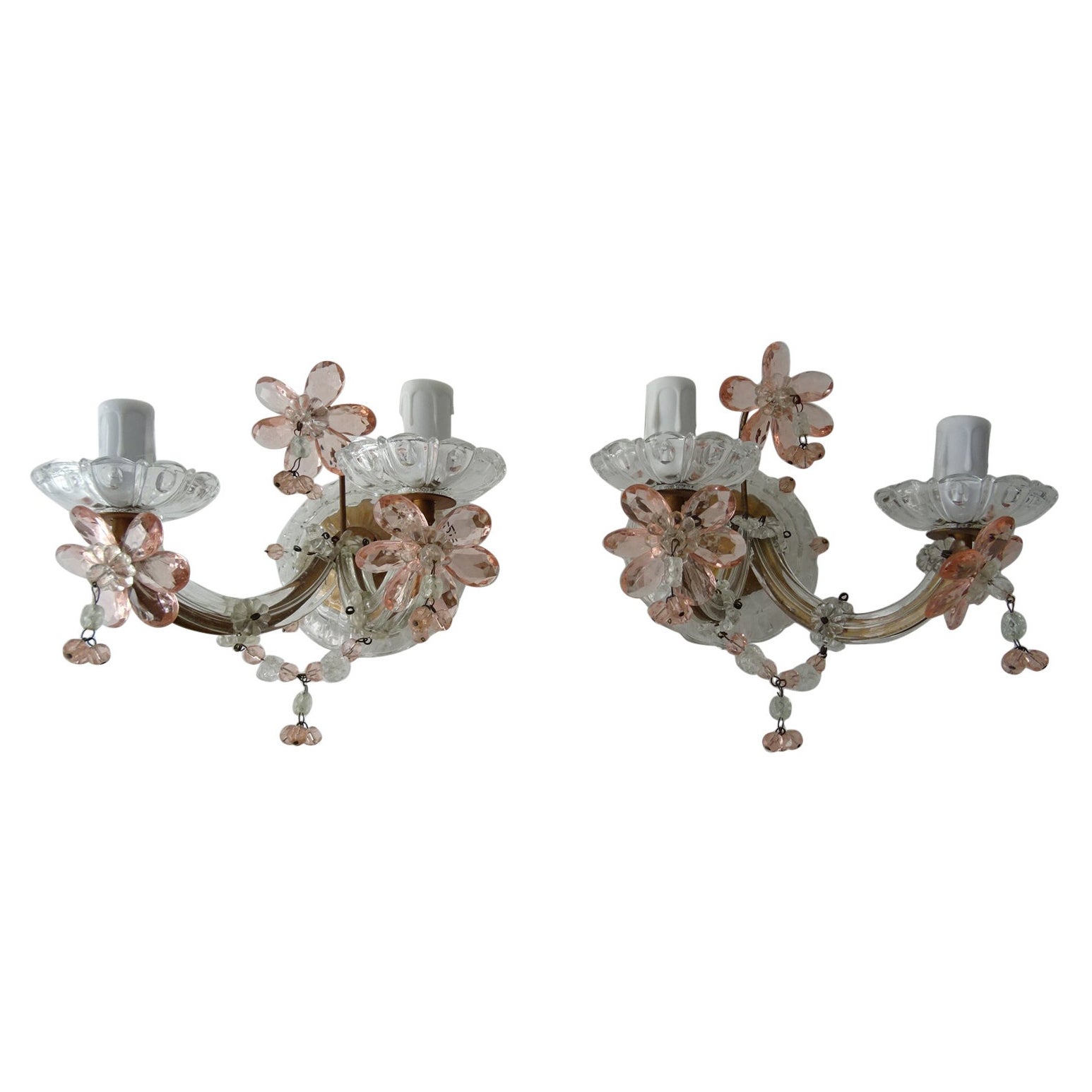 French Maison Baguès Style Pink Floral Crystal Sconces, circa 1920 For Sale