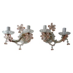 French Maison Baguès Style Pink Floral Crystal Sconces, circa 1920
