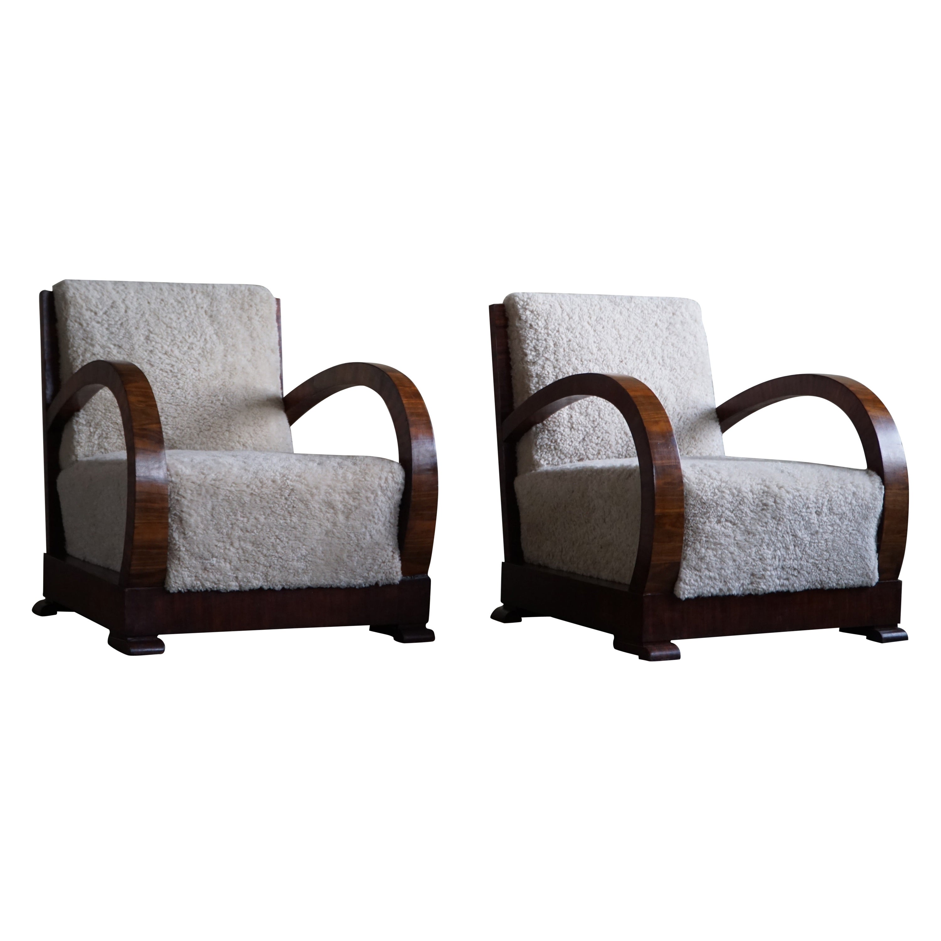 Pair of Danish Lounge Chairs, Reupholstered, Lambswool & Walnut, Art Deco, 1930s For Sale