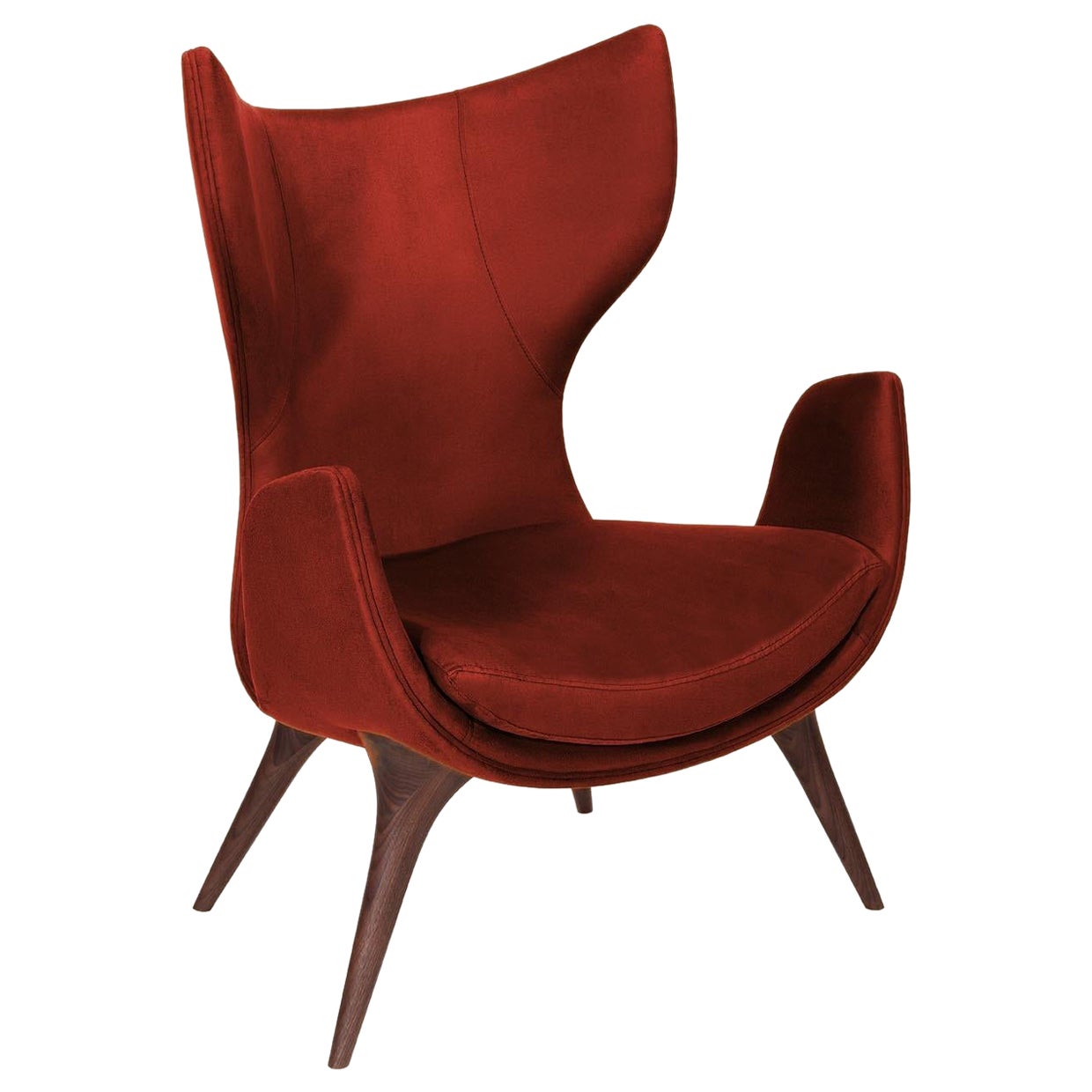 Fauteuil Korcula de Wonatti, fauteuil en bois de noyer, fauteuil en daim, chaise rouge
