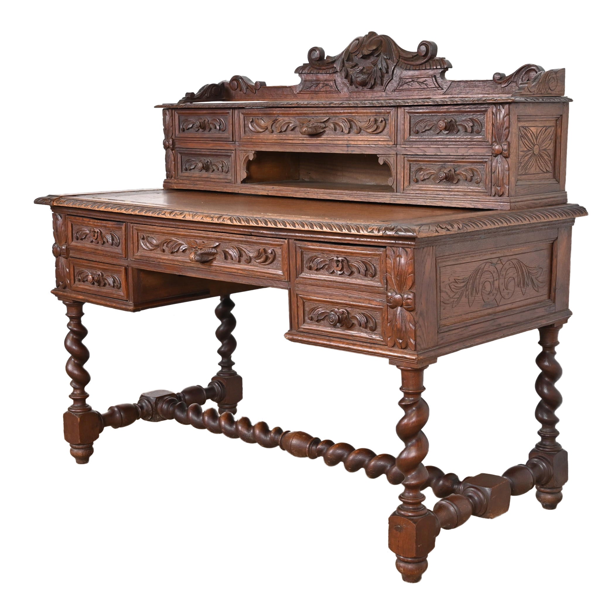 19th Century French Black Forest Carved Oak Writing Desk With Barley Twist Legs For Sale