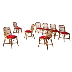 Tito Agnoli Bamboo, Velvet and Cane Dining Chairs for Bonacina, Italy, 1960s